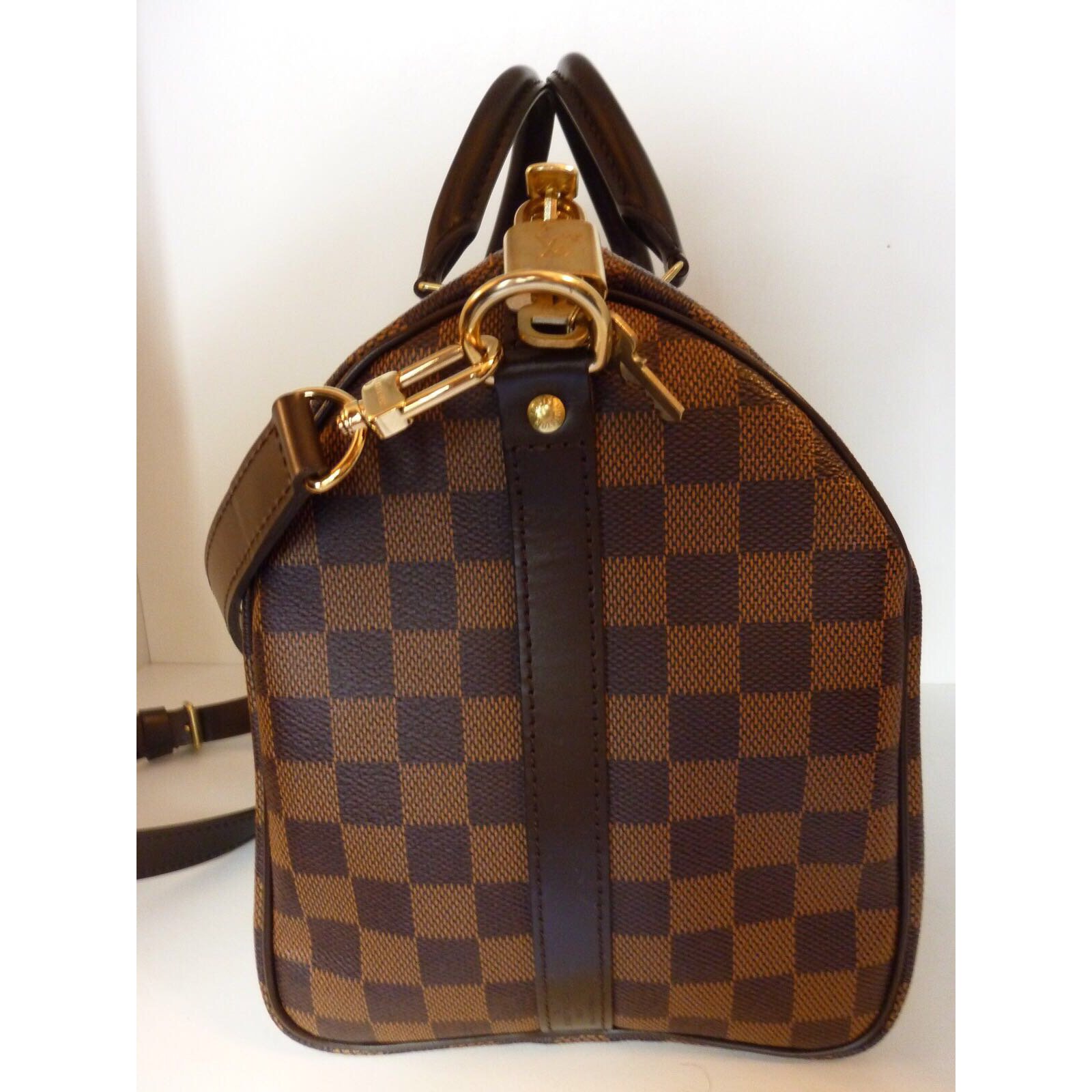 Louis Vuitton Speedy 30 bandoleer damier Brown Leather Cloth ref.46768 -  Joli Closet