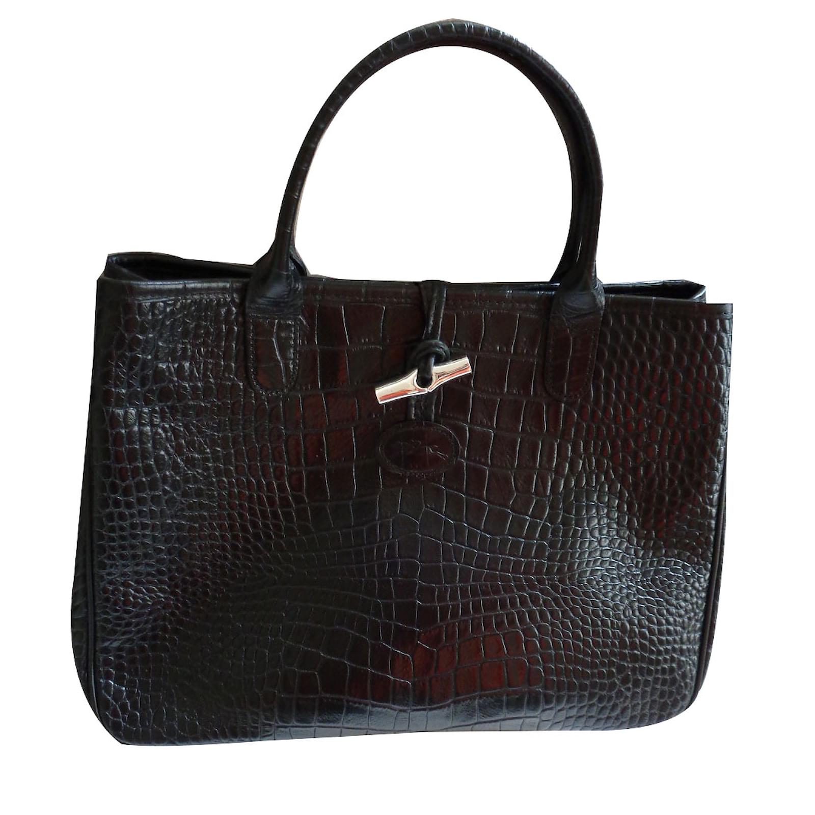 Longchamp roseau cuir façon croco Crin Noir ref.49809 Joli Closet
