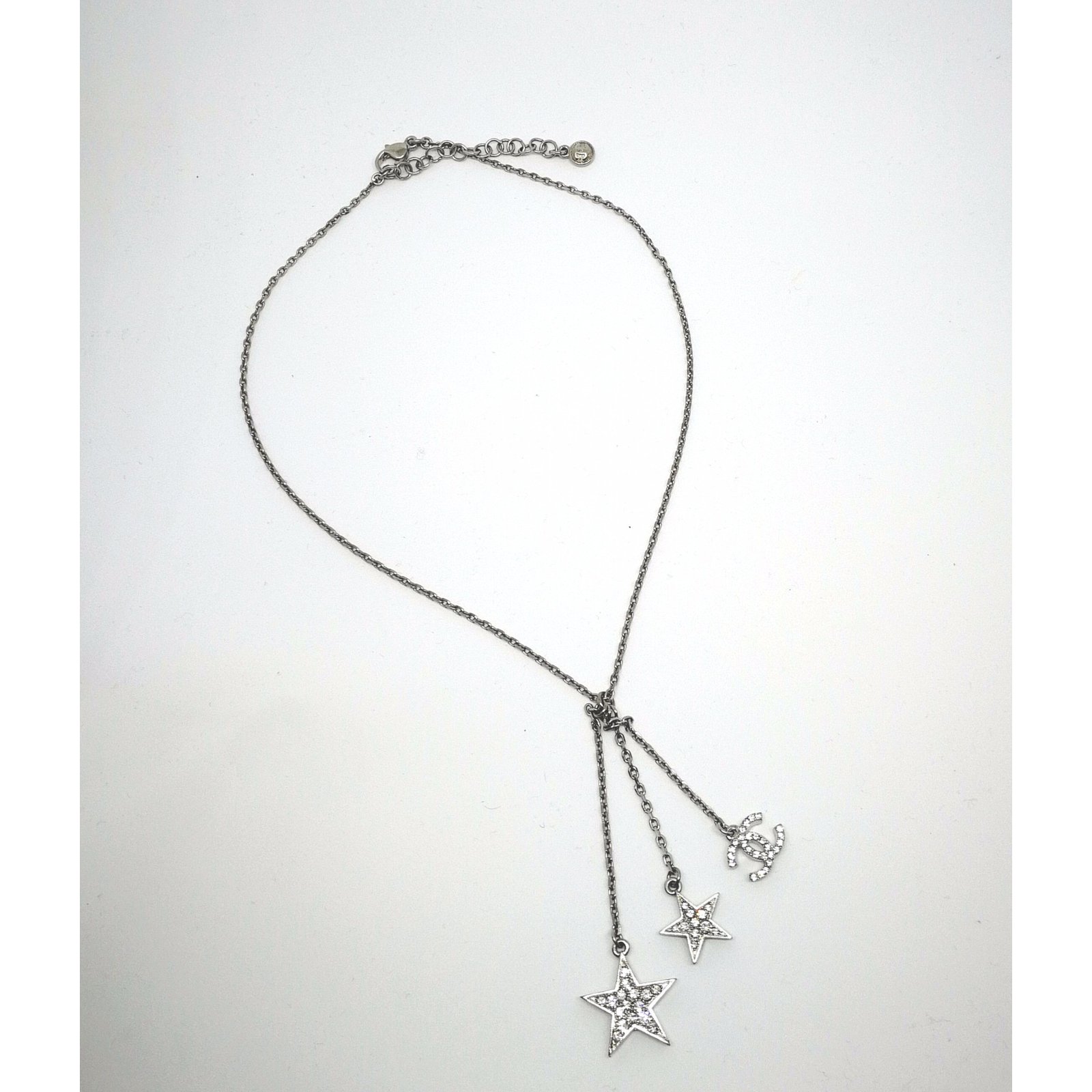 Chanel Gunmetal CC Snowflake Baguette Crystal 2 Strand Pearl Long Necklace