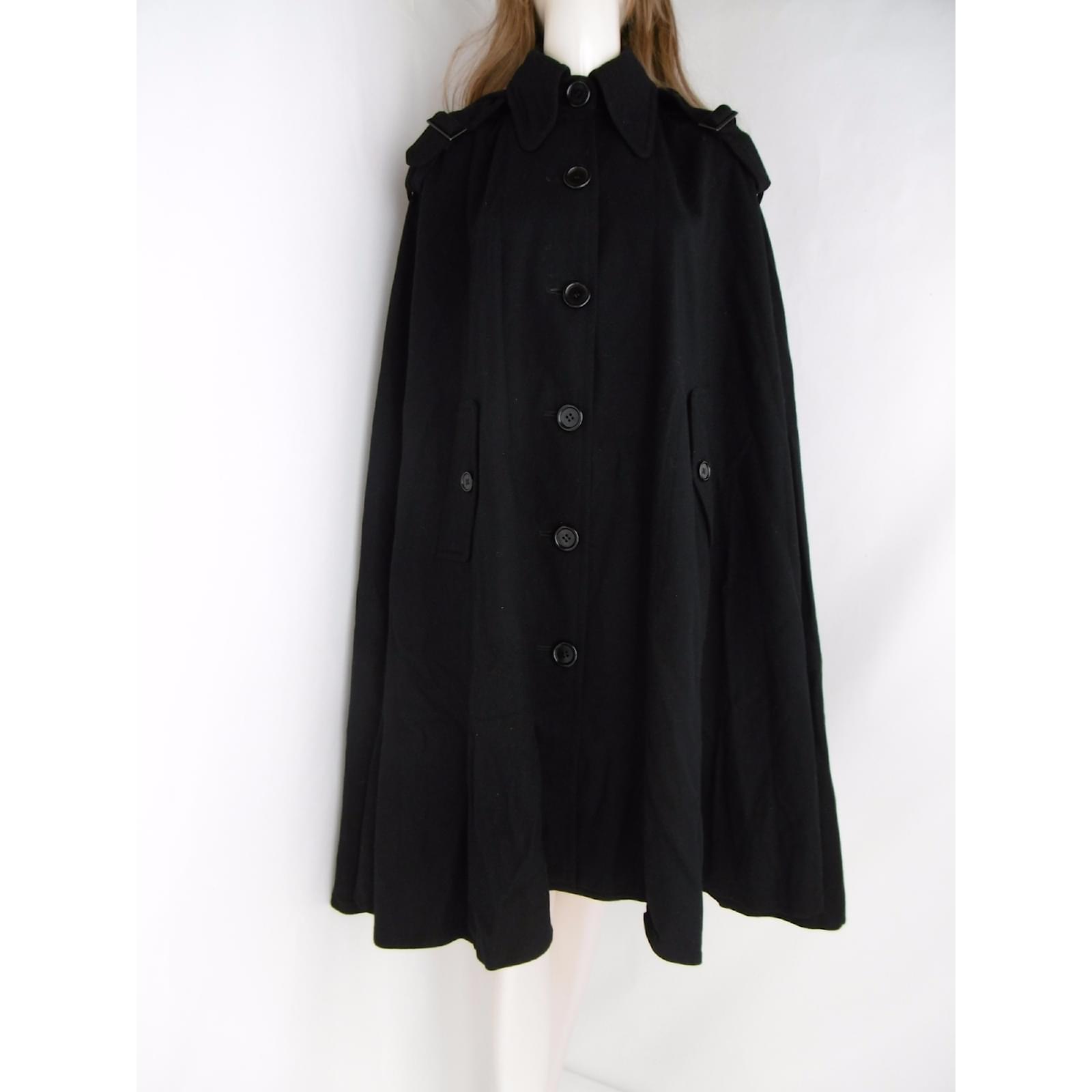 Hanae Mori Black Wool Cape Cloak with Detachable Hood ref