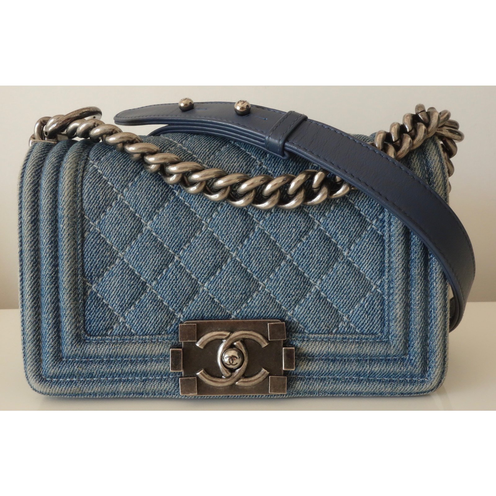 Sold at Auction Chanel  Denim Chevron Boy Medium Flap Crossbody Bag   Blue CC Chain