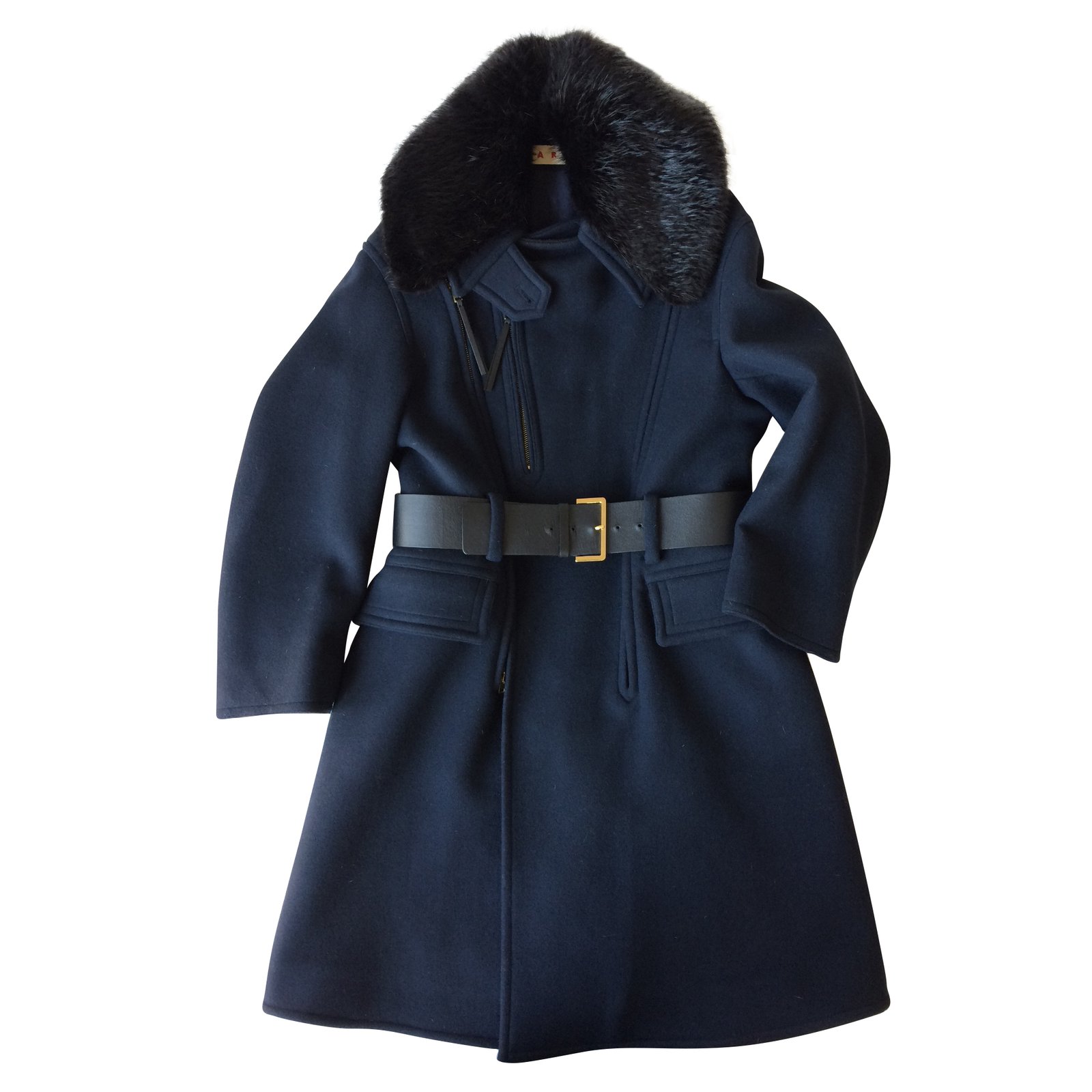 Manteaux Marni Manteau Marni col fourrure Laine Bleu ...