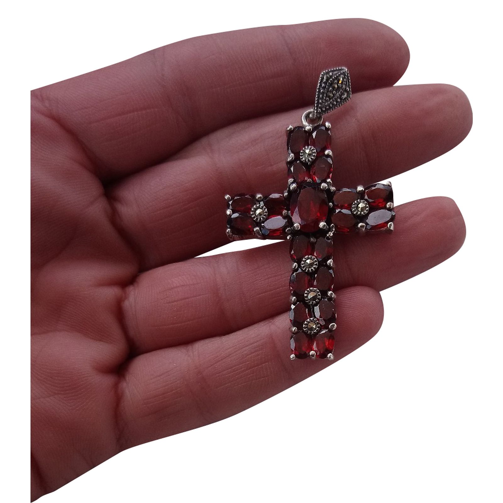 Croix Ancienne En Argent Massif 925 Avec Grenats - Pendentif Vintage Rouge, Occasion, Marque AbaSchmuck
