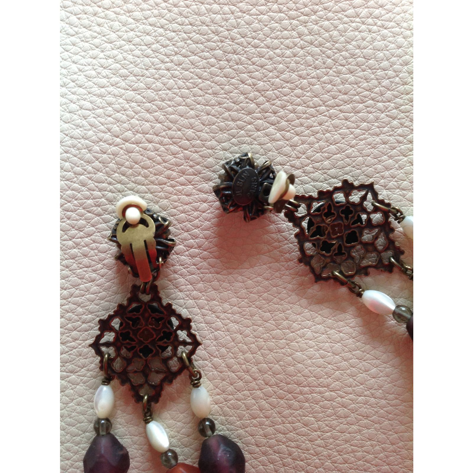 Boucles D'oreilles Vintage JL BLIN - Résine Aspect Marbre - Plaqué Or 24 Carats - Occasion