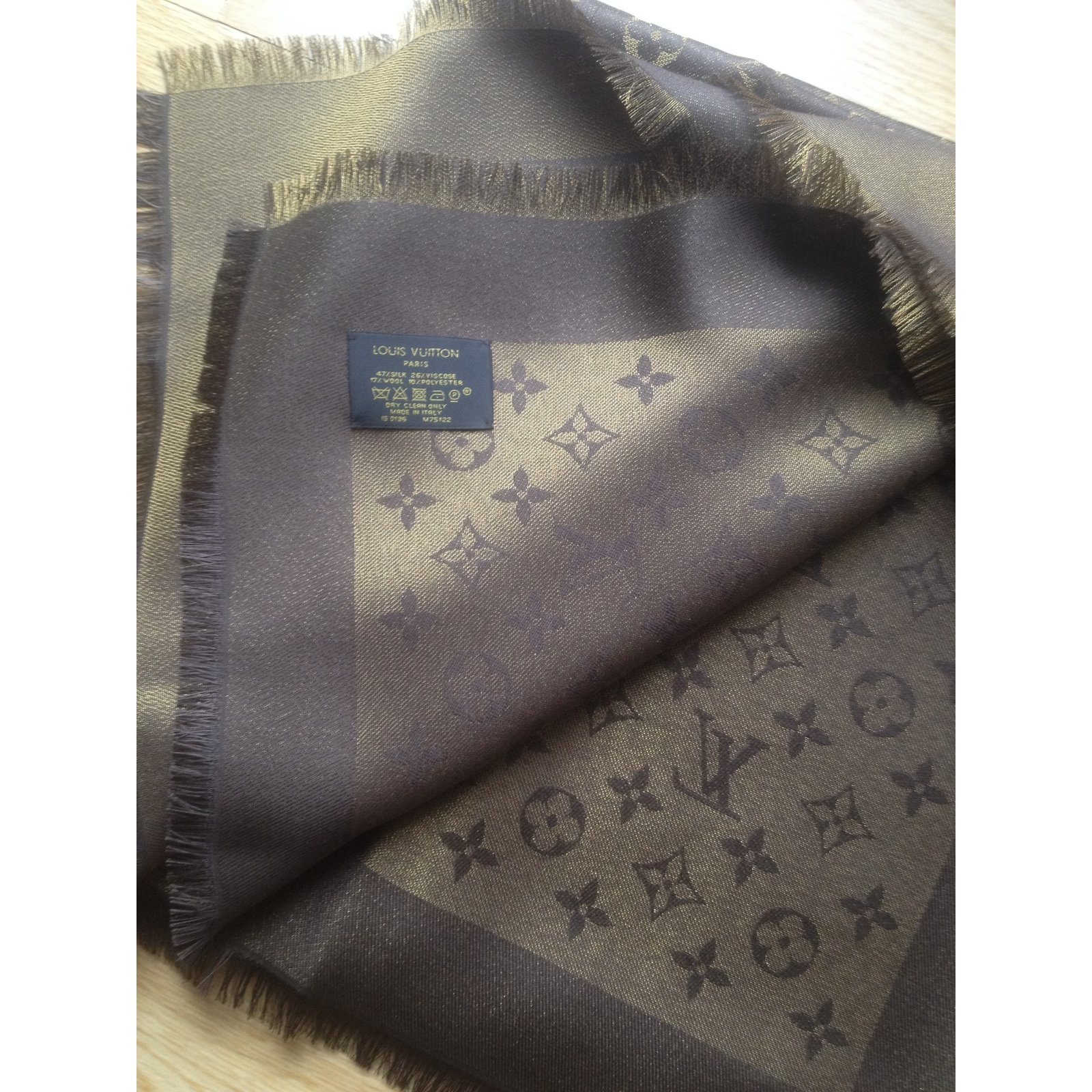 Lot - Louis Vuitton Paris 65% wool 35% cashmere vintage designer brown  monogram scarf with metallic thread and original tag. 75H x 28W