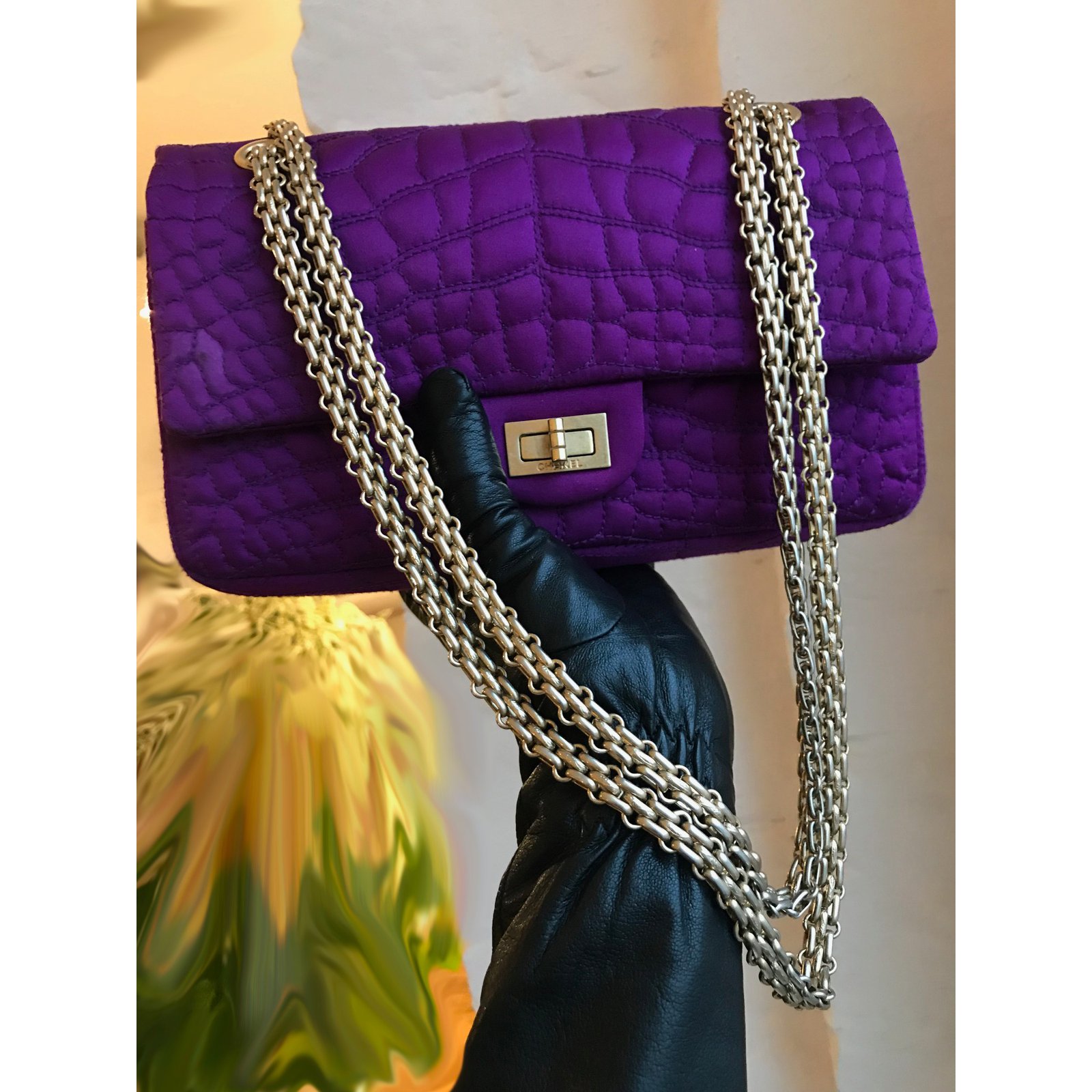 CHANEL Medium size 2-55 Double flap bag in purple silk satin overstitched  with crocodile pattern ref.56889 - Joli Closet