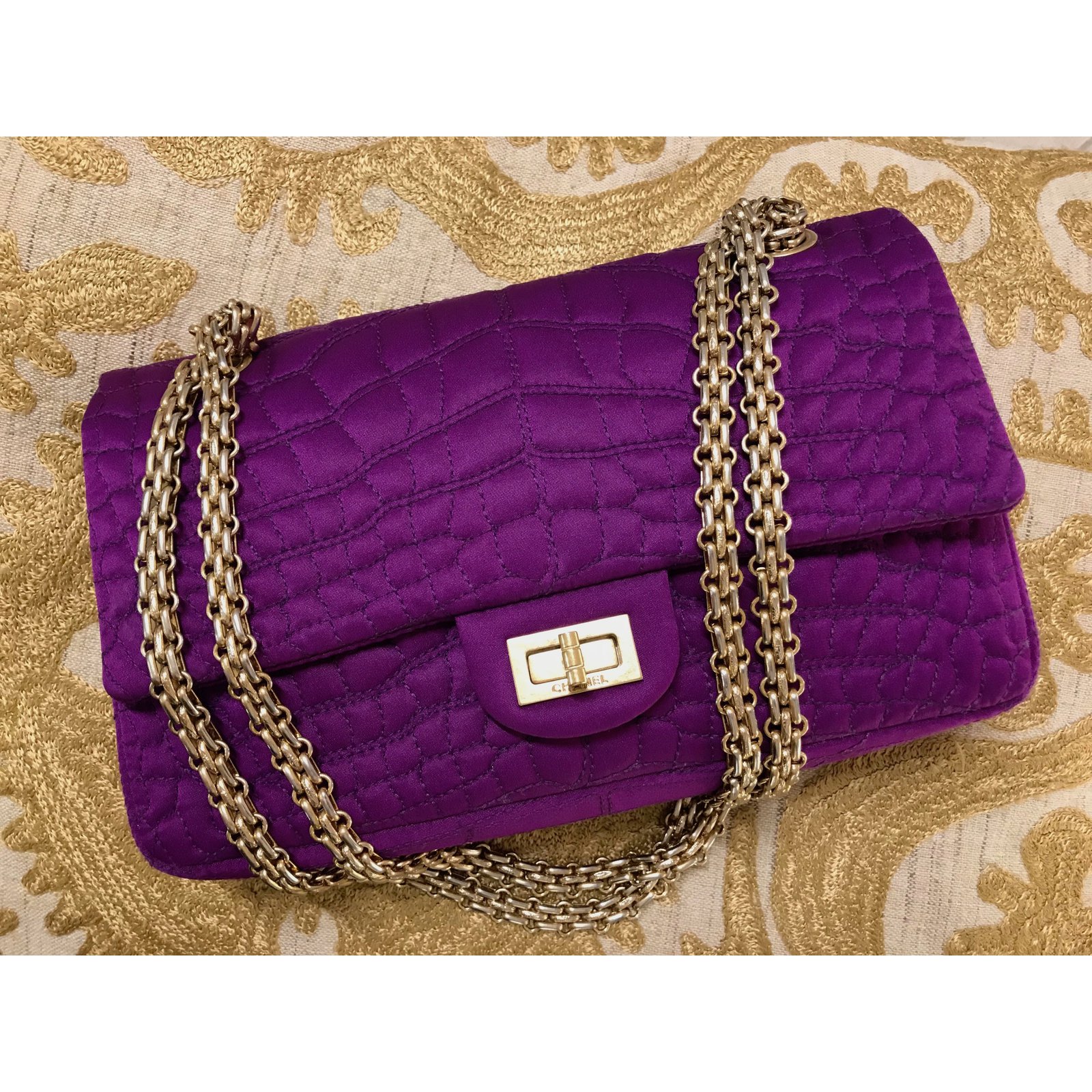 CHANEL Medium size 2-55 Double flap bag in purple silk satin
