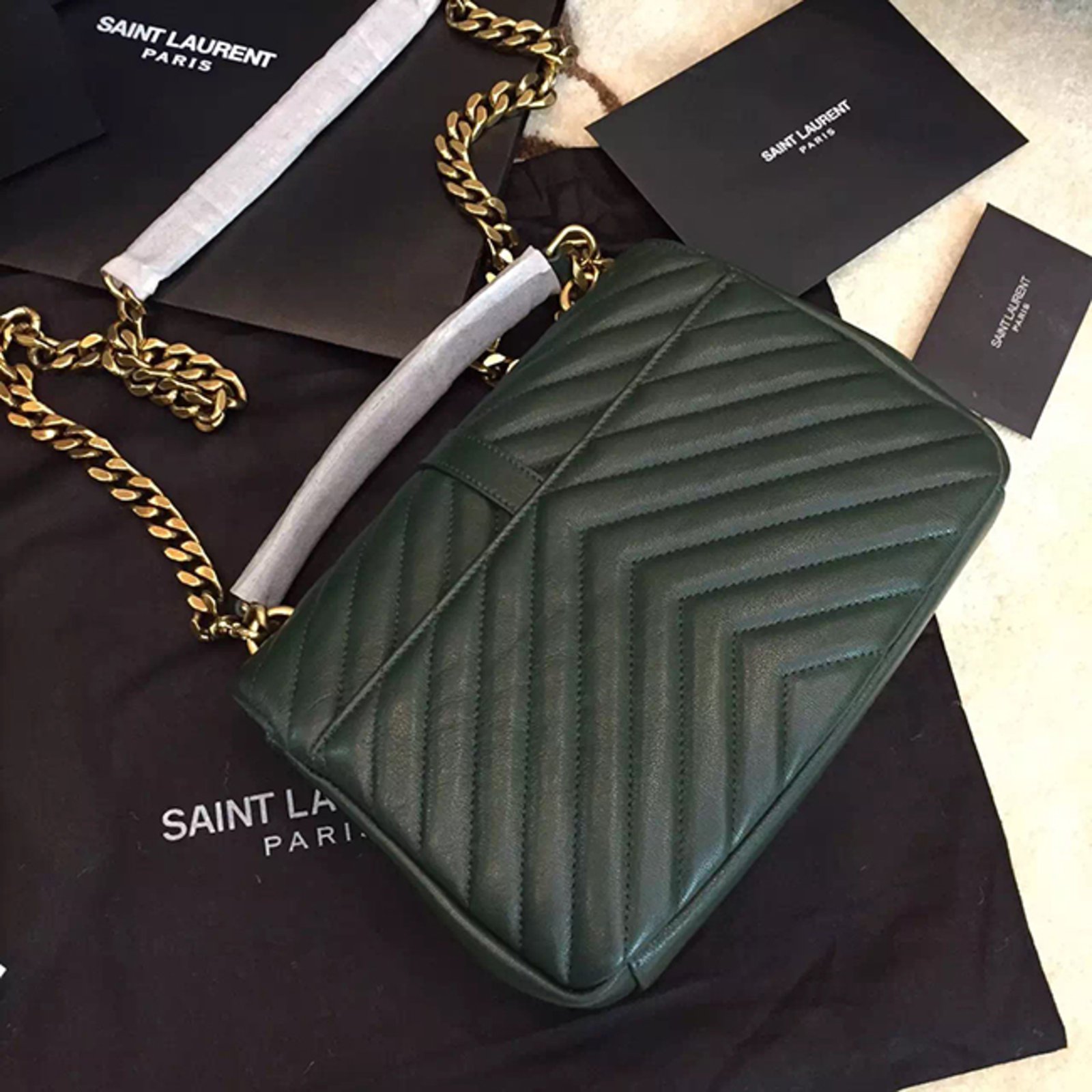SAINT LAURENT Medium College Bag in Seaweed Green Leather