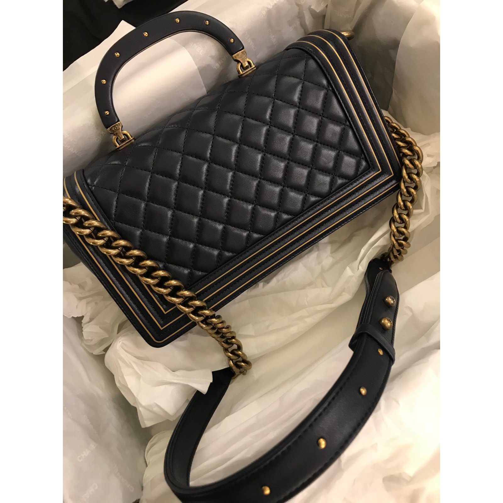 Chanel Chanel Navy Blue Gold Lambskin and Resin BOY STUDDED HANDLE BAG ...