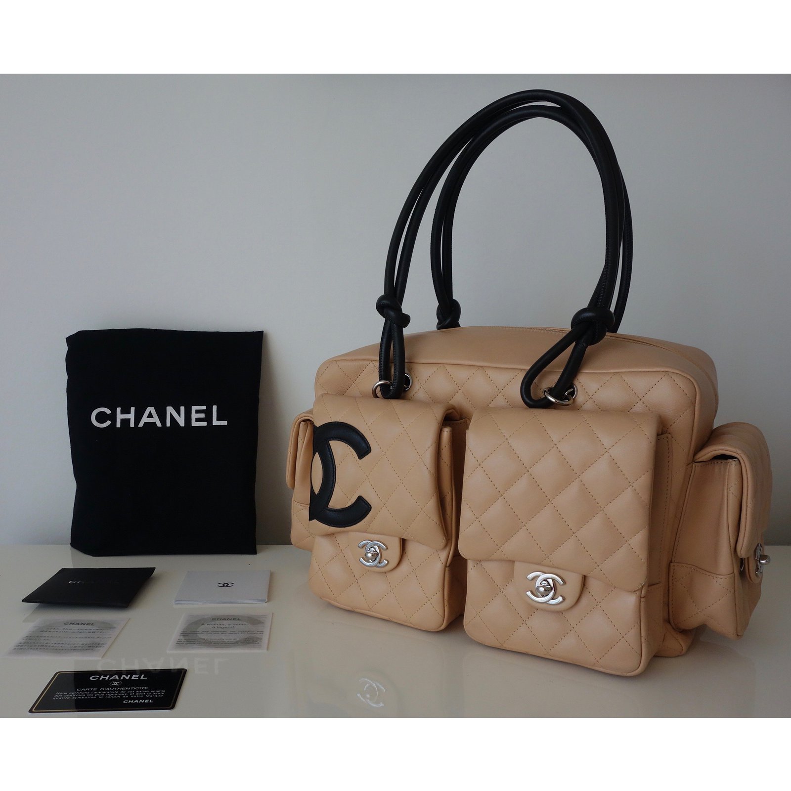 Large Chanel Cambon reporter bag in beige with black CC logo