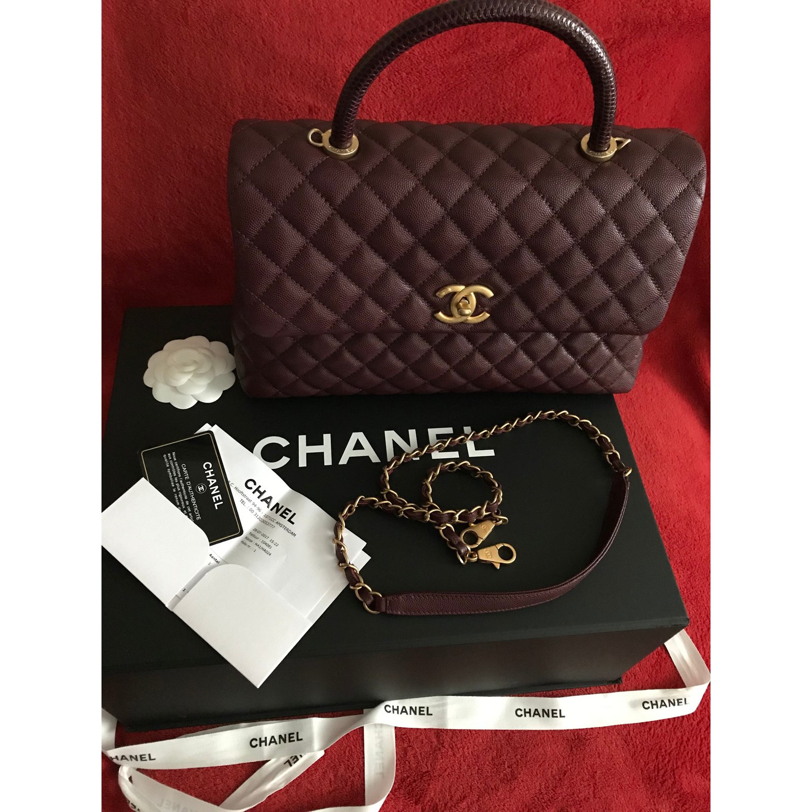 Chanel Coco Handle Medium Flap Bag Black/Burgundy with Lizard Top