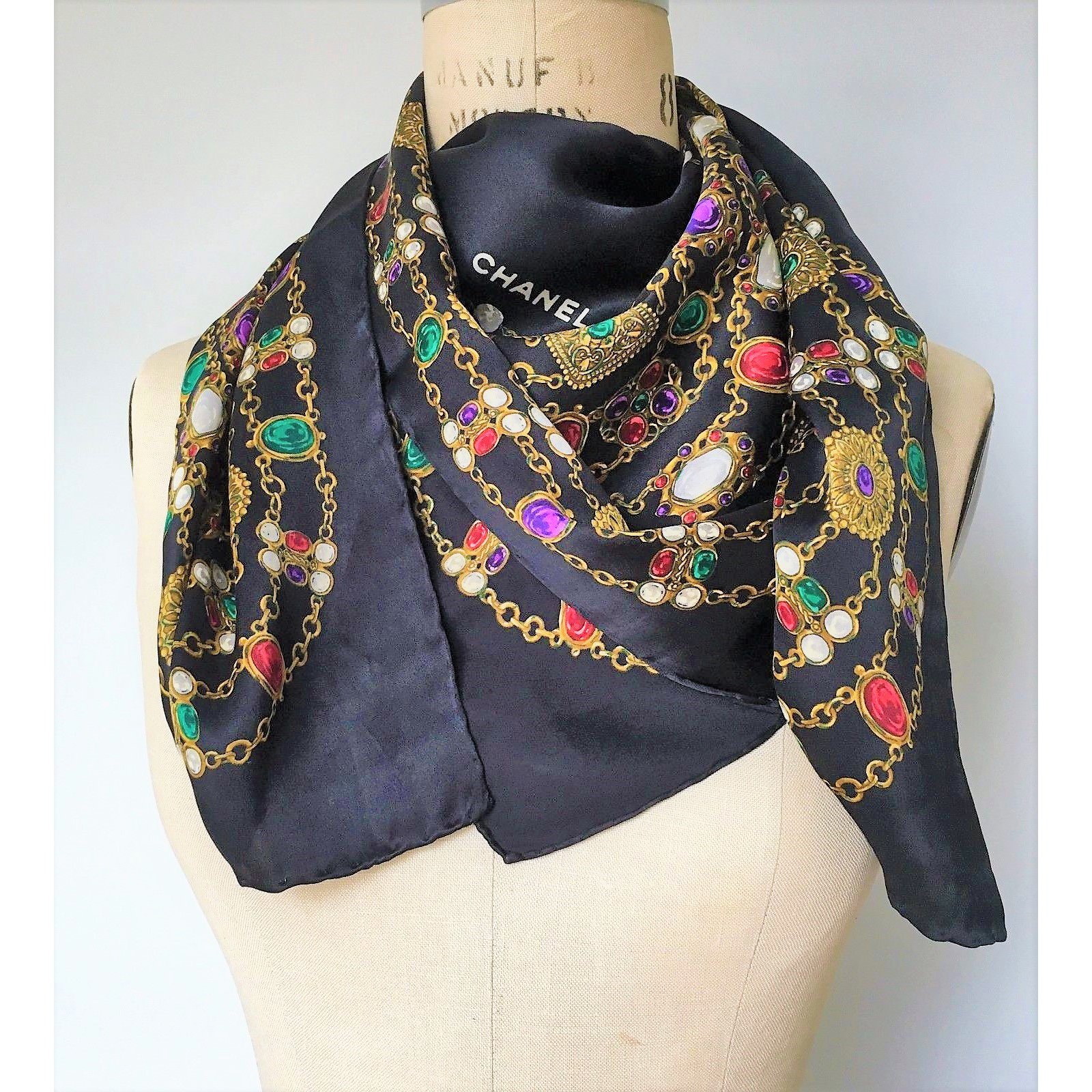 Chanel Black Jewels & Gold Chains Silk Scarf
