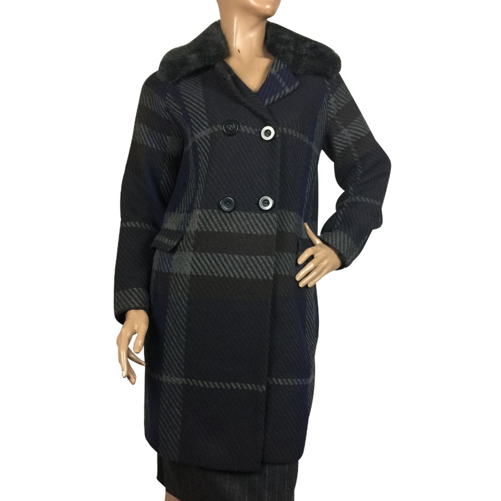 Clements Ribeiro Plaid coat with faux fur collar Black Grey Navy blue ...