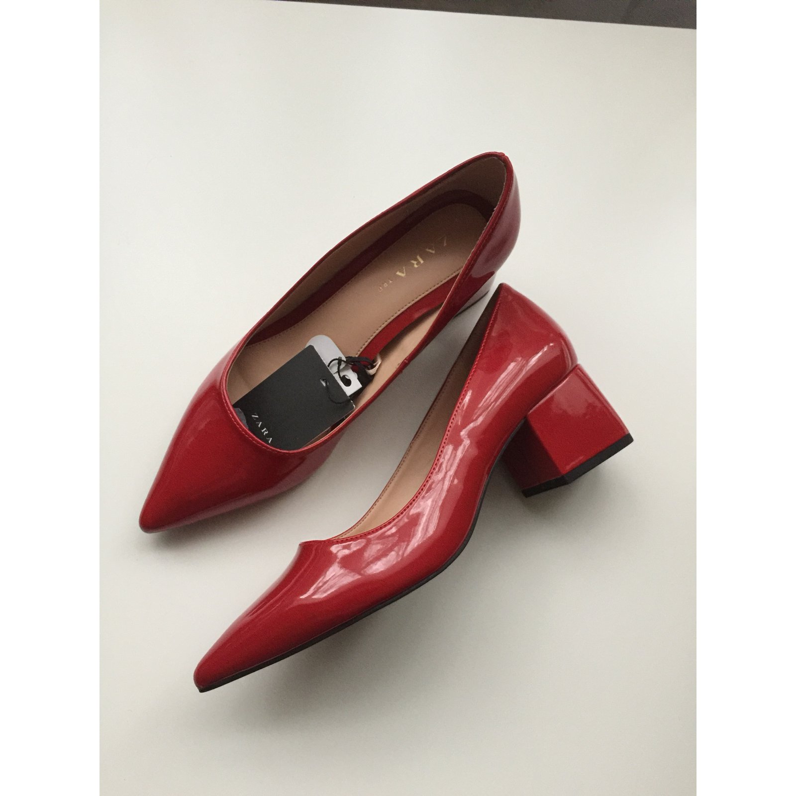 red patent block heels