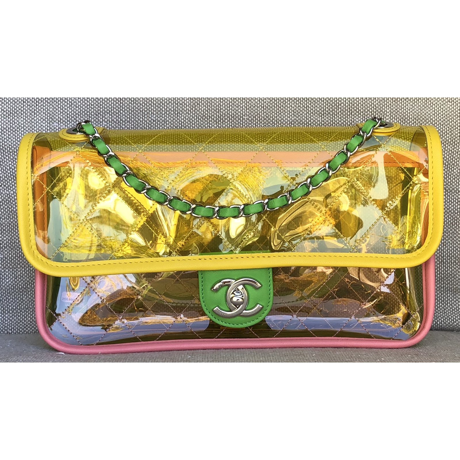 Runway Quilted Single Flap Shiny Silver Chain Green/Yellow/Pink  Pvc/Lambskin Bag