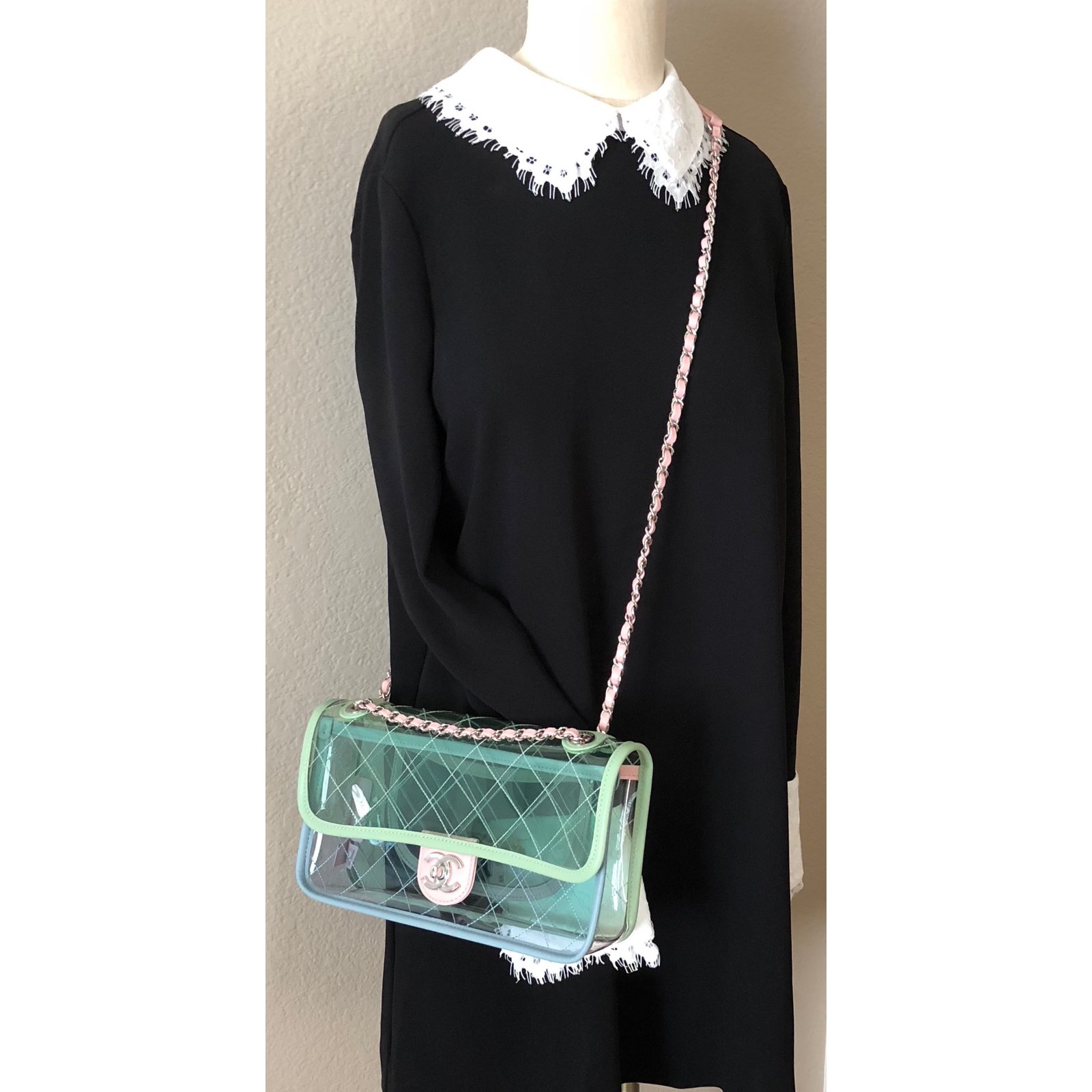 Chanel Flap Bag Transparent PVC/Lambskin Silver-tone Blue/Green