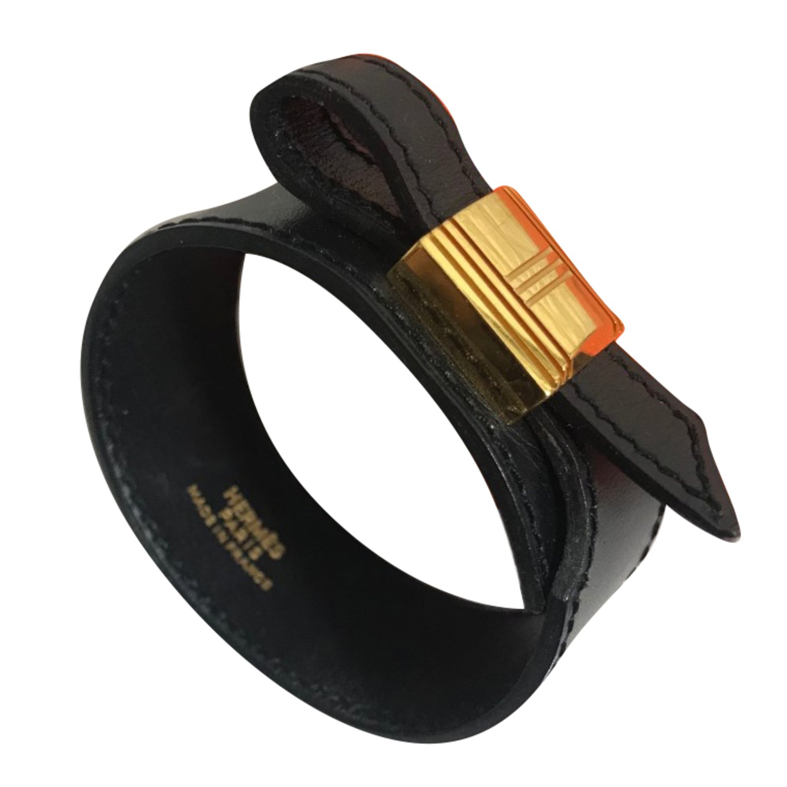 Bracelet Hermès en cuir avec cadenas Kelly doré Métal Noir ref.66188