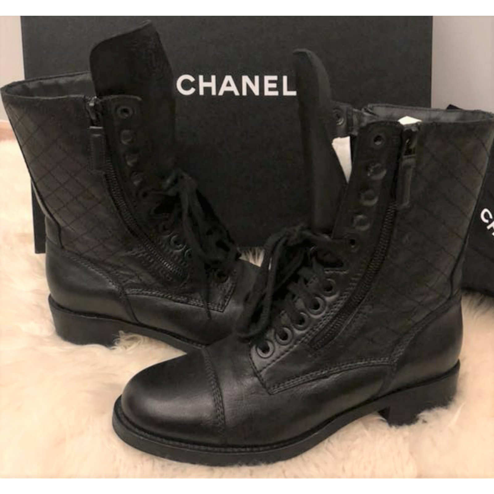 Chanel black combat boots sz 38 Leather ref.66751 Joli Closet