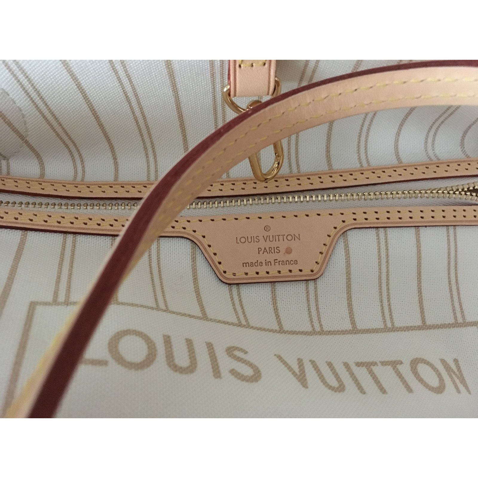 Louis Vuitton Neverfull MM Toile Damier Azur Cuir Beige ref.67082 - Joli  Closet
