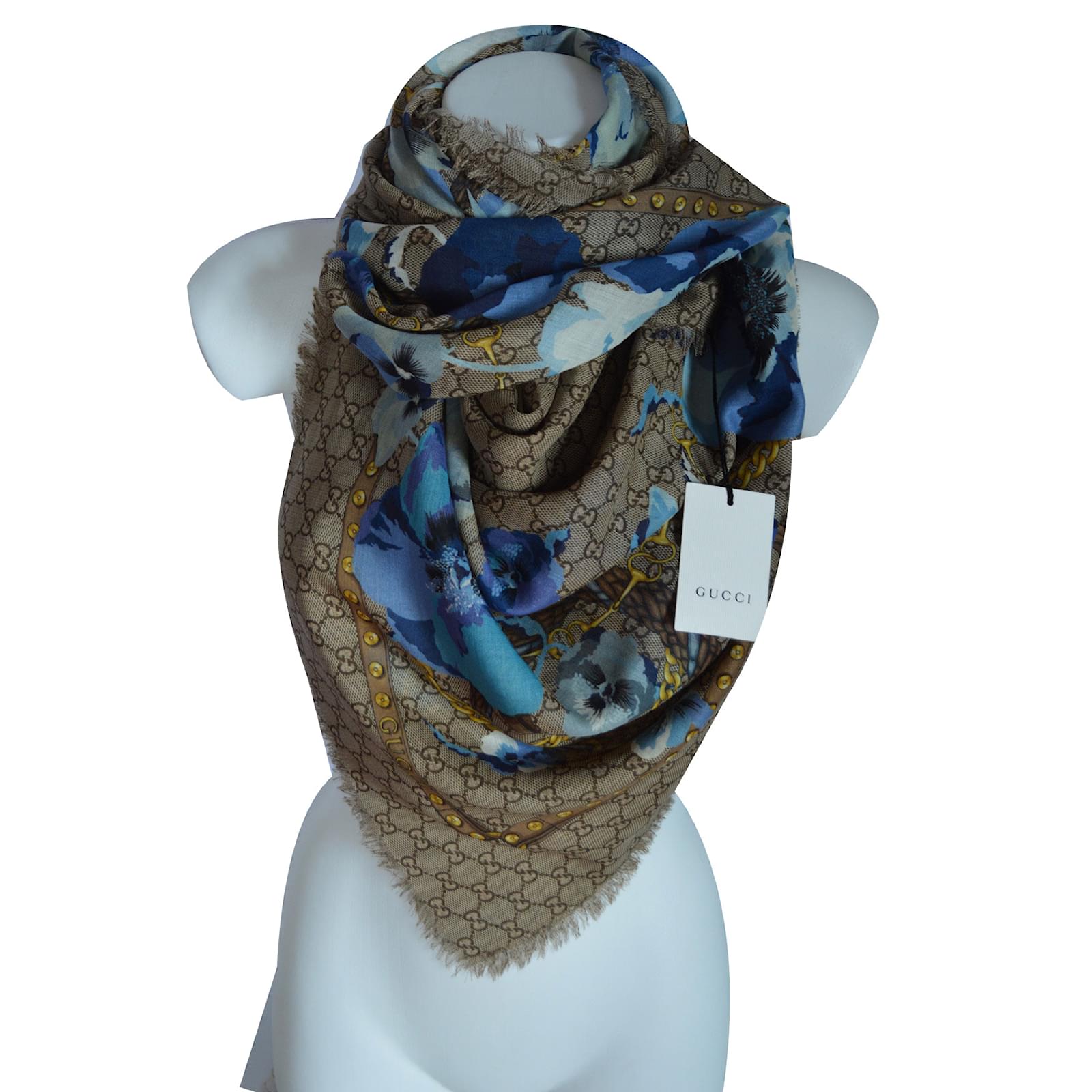 グッチのスカーフ Gucci scarf Blue Beige Wool ref.67387 - Joli Closet