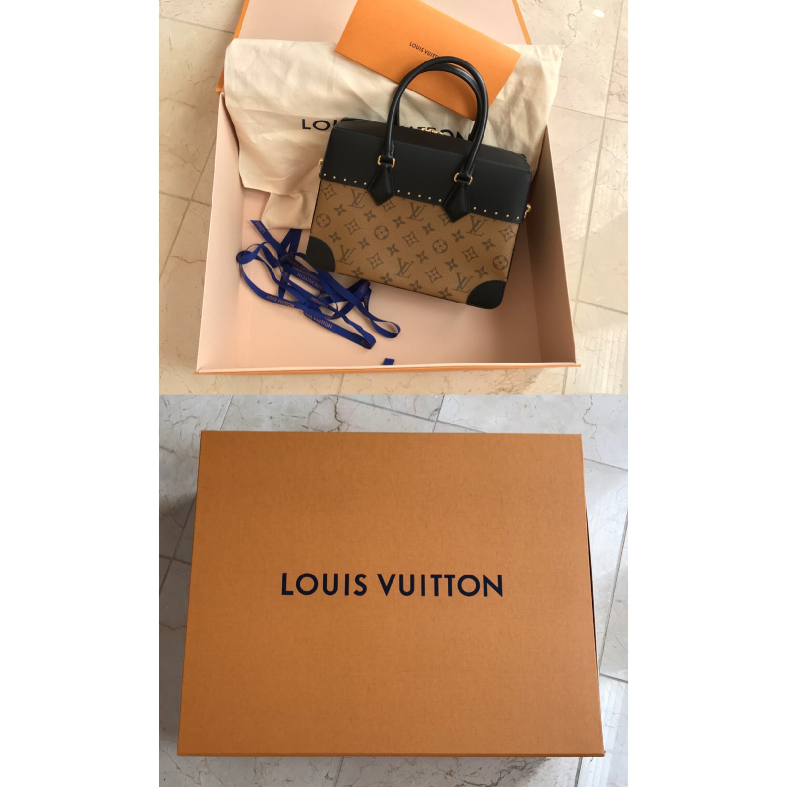 Sac à main Louis Vuitton City Malle en toile monogram beige et marron et  cuir noir