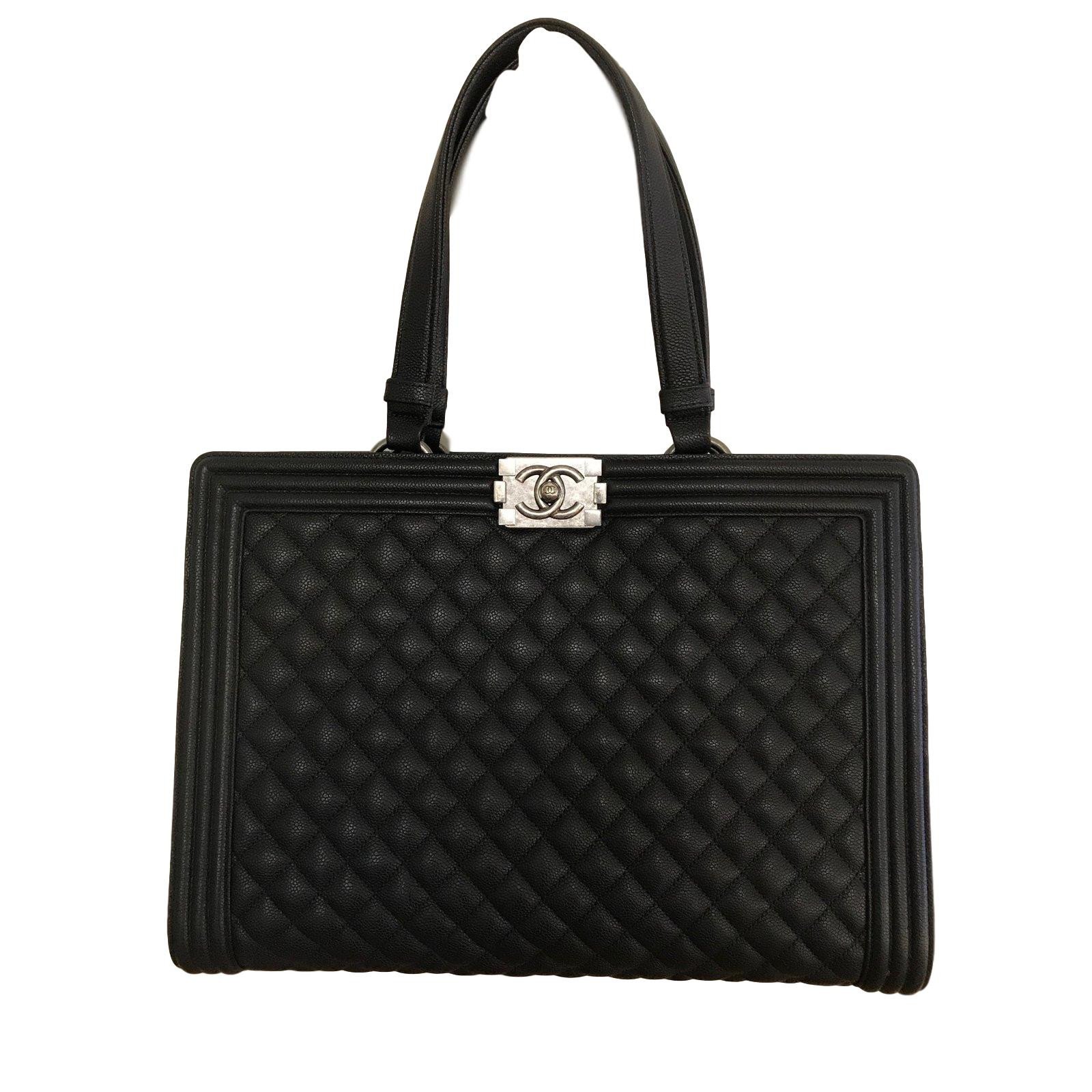 CHANEL Black Quilted Calfskin Boy Large Shopping Tote Bag in grained leather