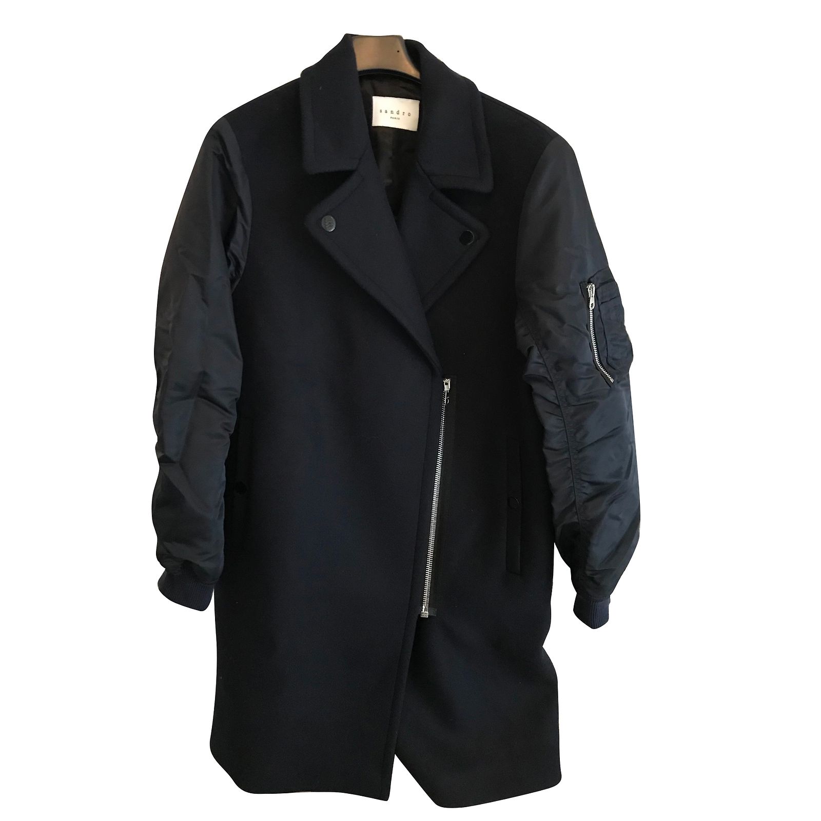 Manteau Sandro Marine Avec Capuche En Laine - Taille 36 - Neuf Avec Imperfections