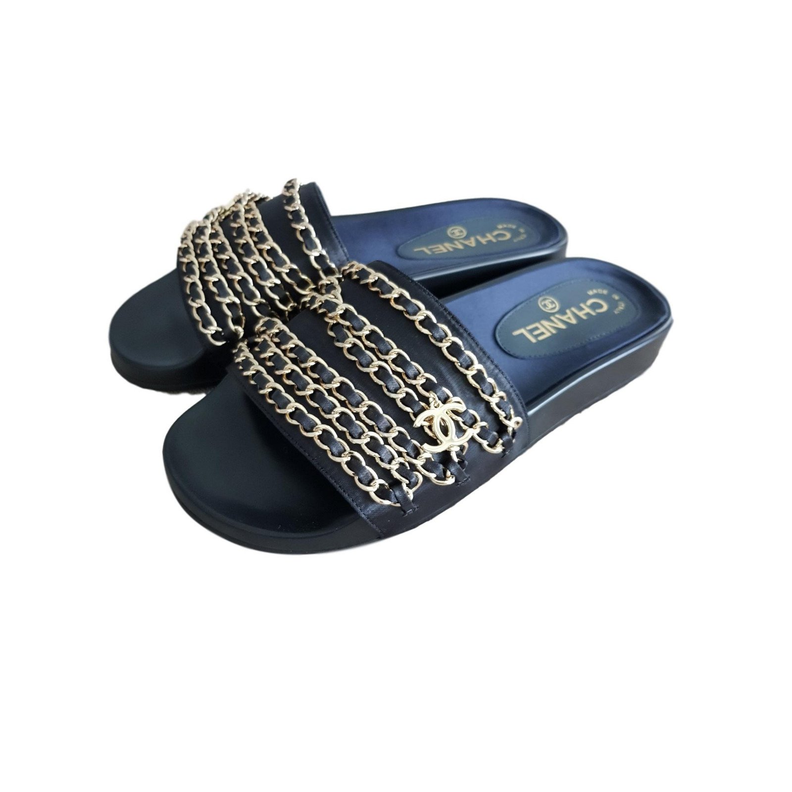 CHANEL Black Satin Chain Slides sandals EU37 ref.71448 - Joli Closet