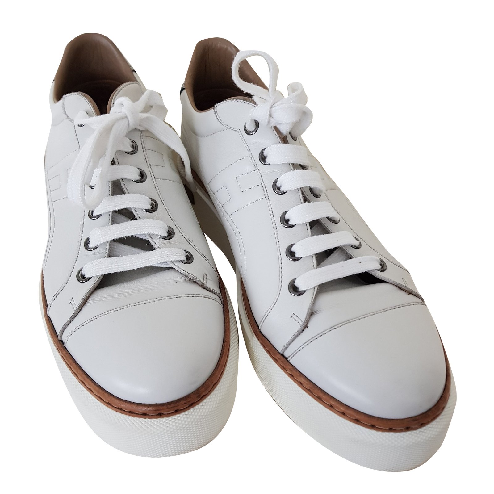 Hermès Polo Sneakers White Leather Patent leather Metal ref.74248 ...