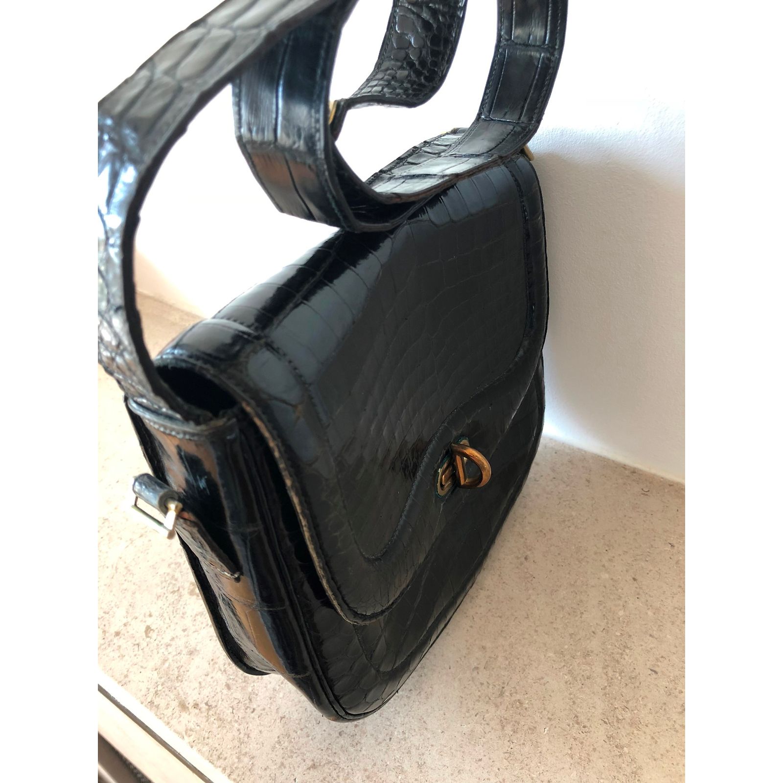 Petit Sac à Main Vintage En Cuir Noir Occasion - Sac Fourre-tout Femme En Cuir Véritable, Très Bon état