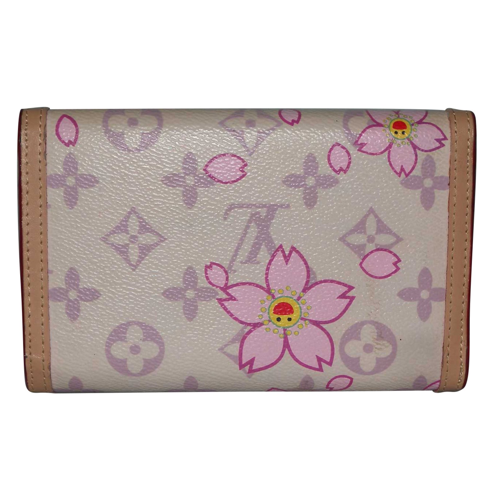 Repurposed Takashi Murakami Flowers Canvas and Leather Card holder  Cardholder Wallet - 2 slots