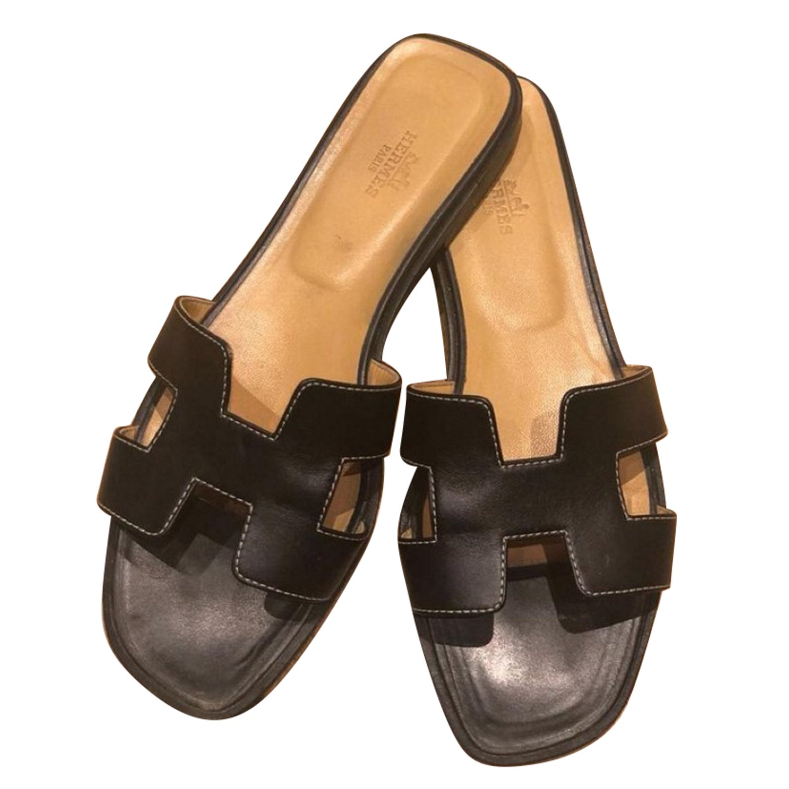 Oran Hermès sandals Black Leather ref.77024 - Joli Closet