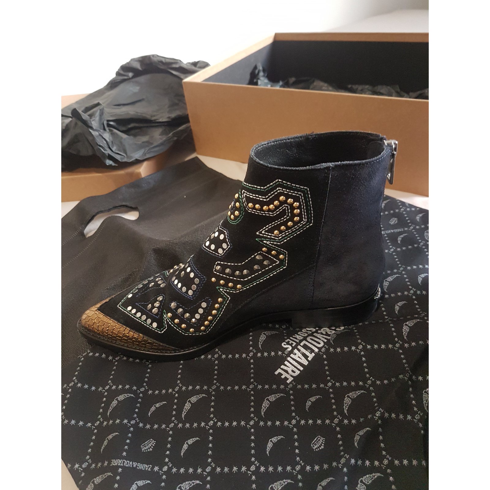 Zadig Et Voltaire Mods Neo Clous Weatern Boots, 36, Navy, Suede & Snake  Upper