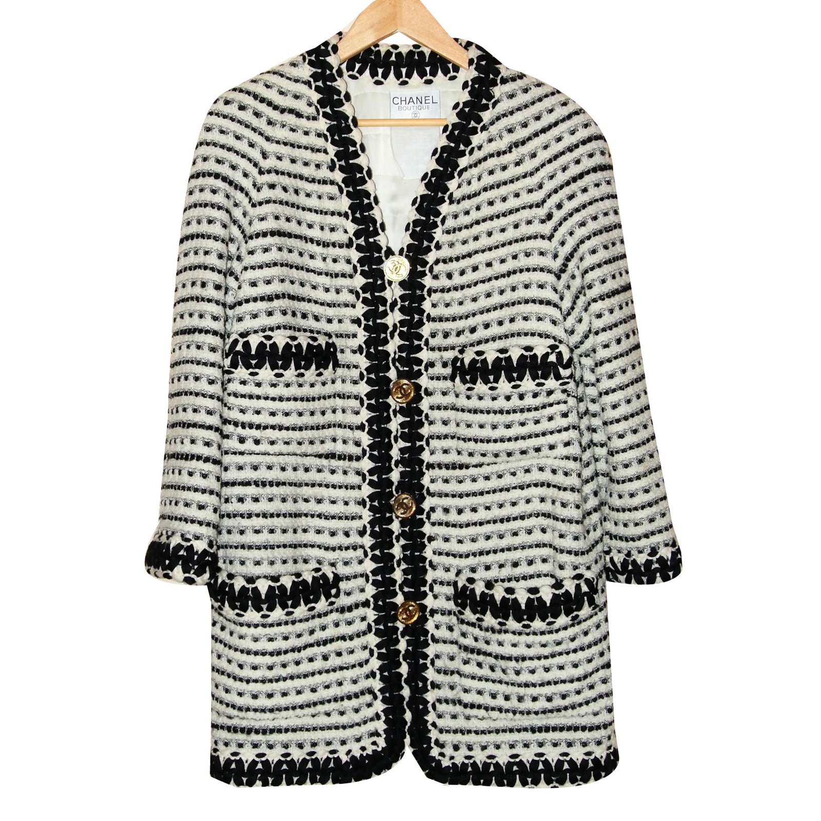 Chanel Tweed jacket Black Eggshell Silk Wool ref.86318 - Joli Closet