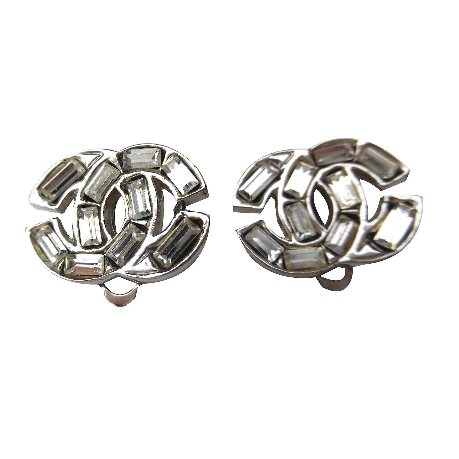 Boucles D'oreilles Clips Vintage - Cristal Blanc Sur Métal Argenté - Occasion