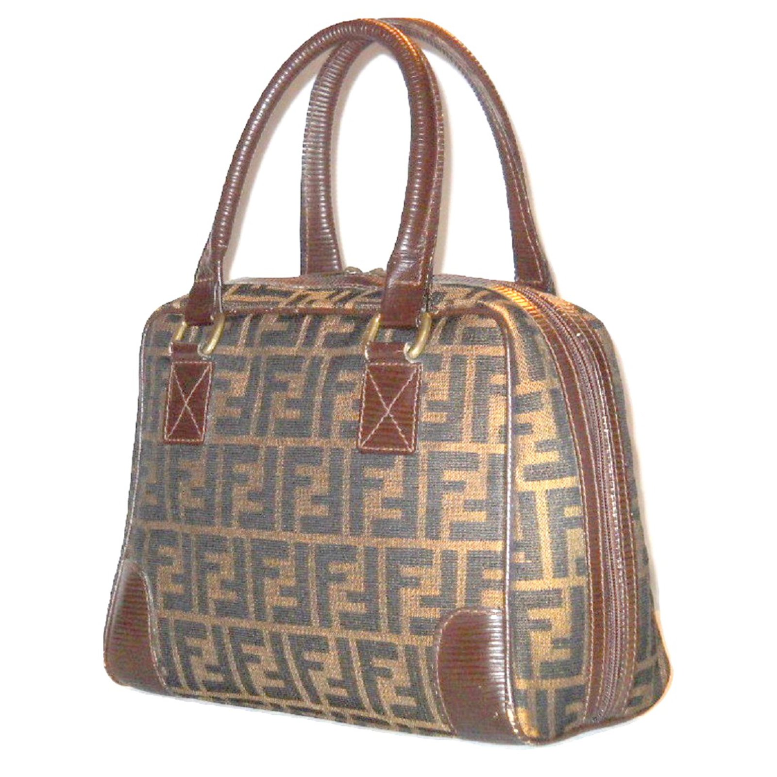 Fendi Vintage handbag Zucca brown Black Leather Cloth ref.91447 - Joli ...
