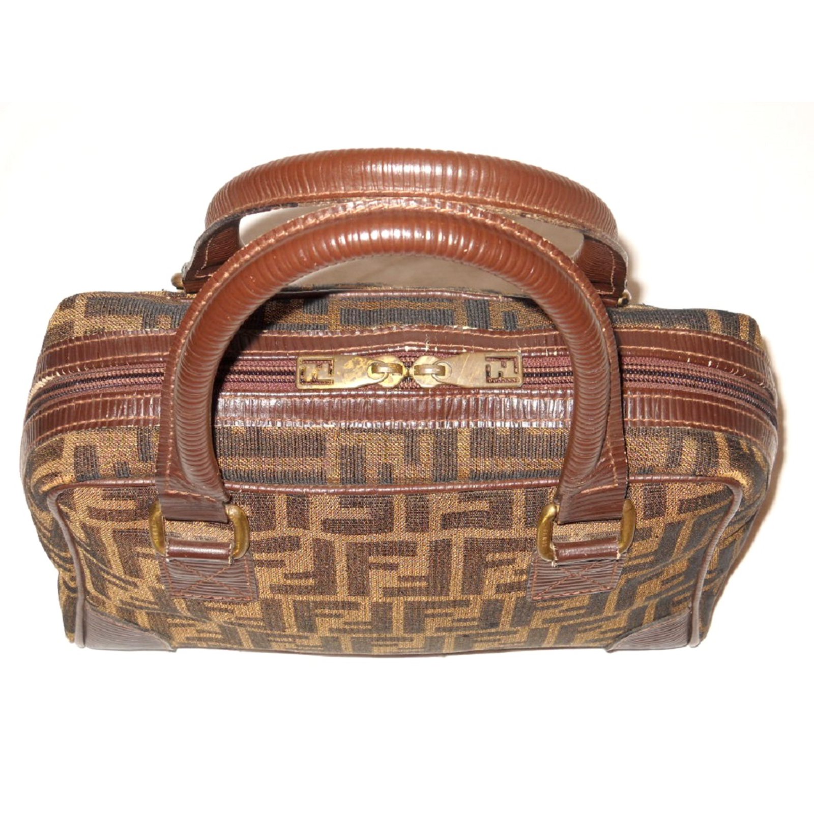Fendi Vintage handbag Zucca brown Handbags Leather,Cloth Brown,Black ref.91447 - Joli Closet