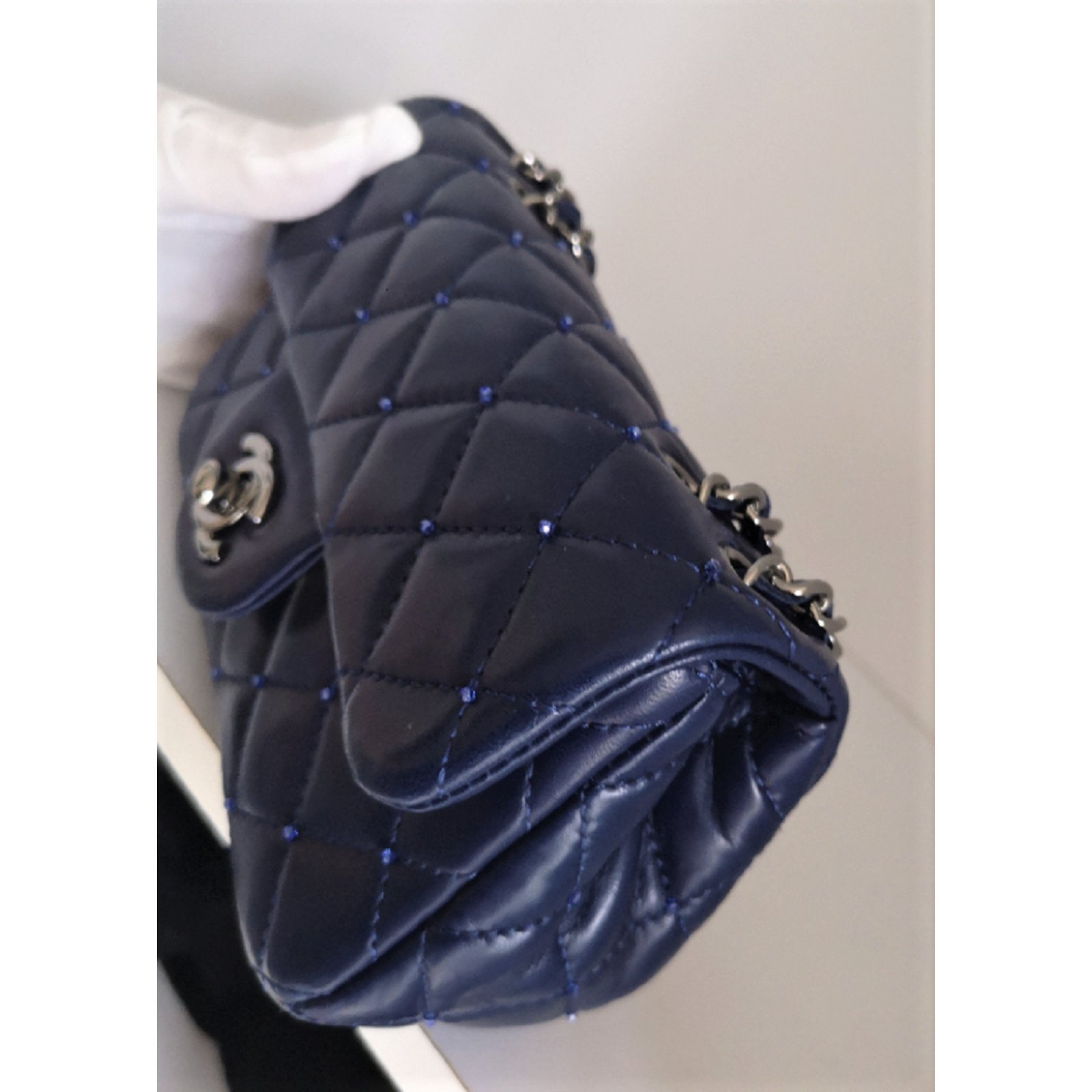 Limited edition Chanel Navy blue mini flap bag with swarovski beads