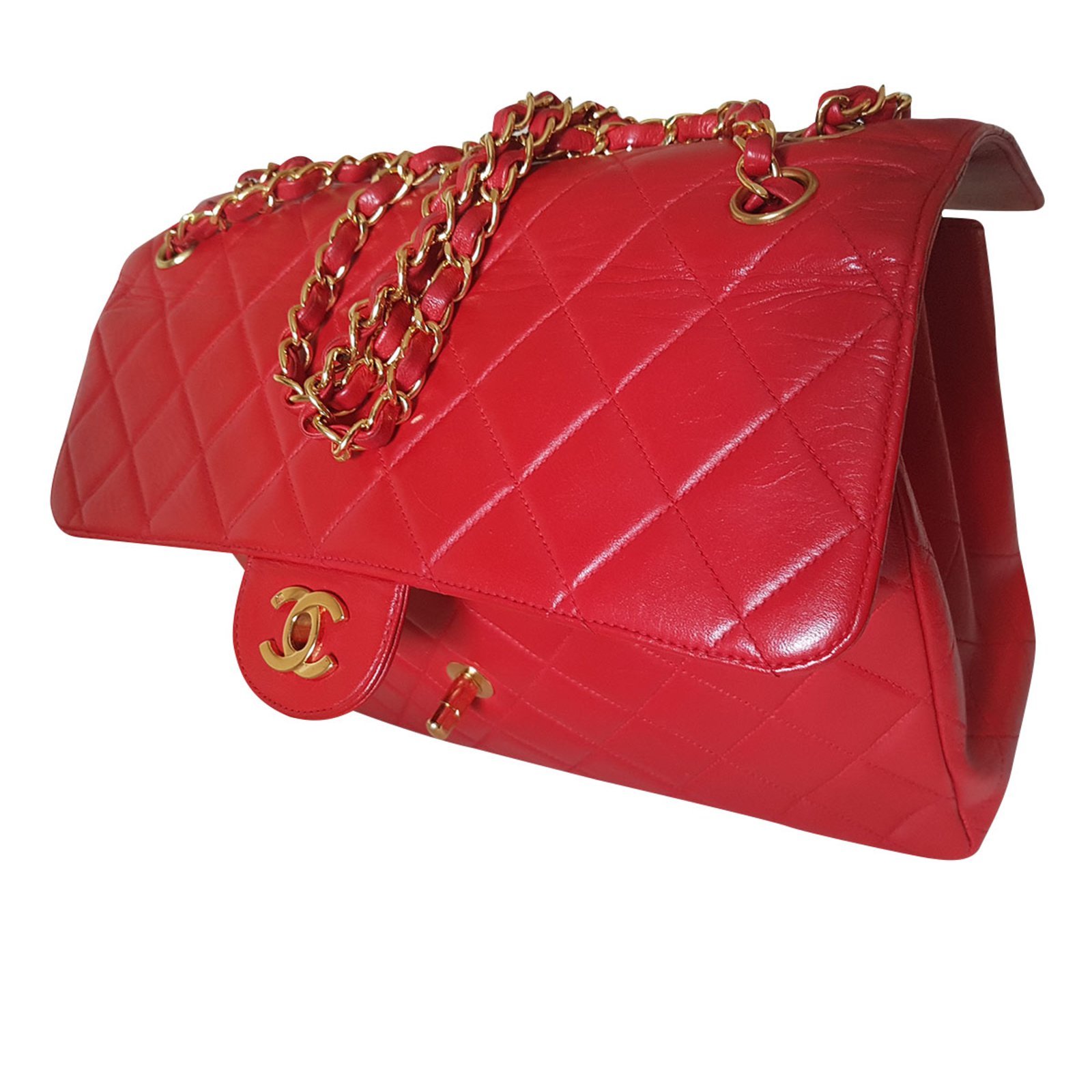 Timeless Chanel Patent Red Jumbo classic flap bag Patent leather