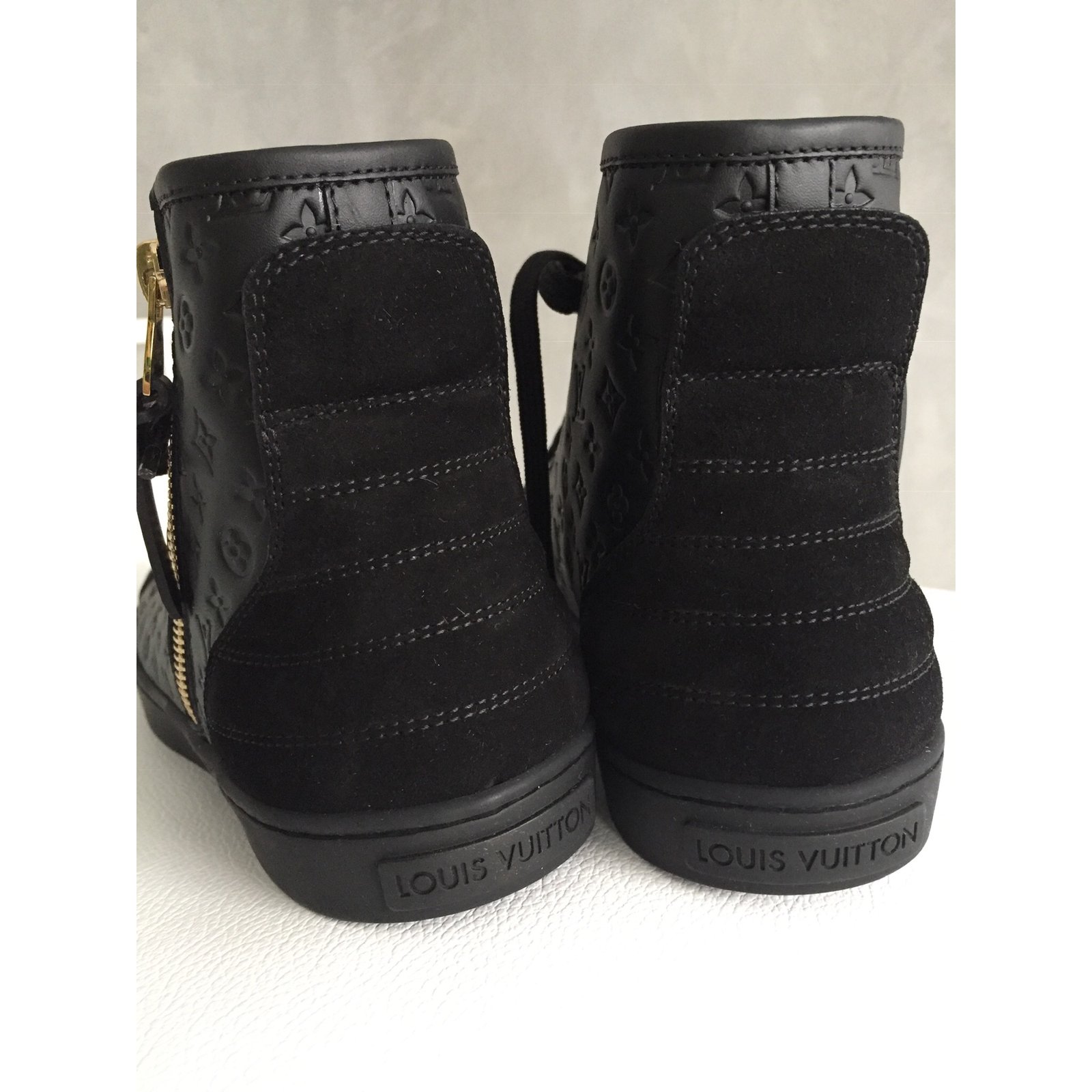 Louis Vuitton Black Leather Karakoram Pattern Punchy Sneaker Boots