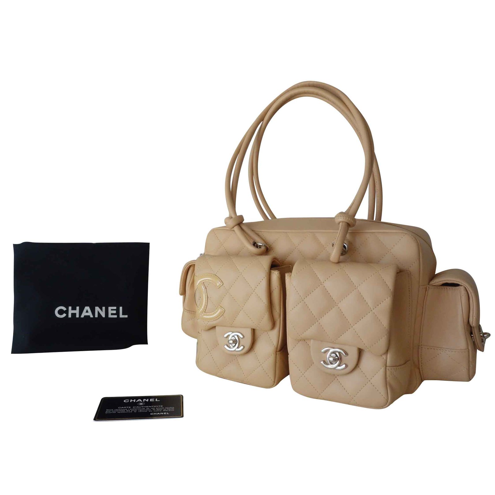 Chanel Beige Quilted Lambskin Leather Cambon Reporter Tote Bag