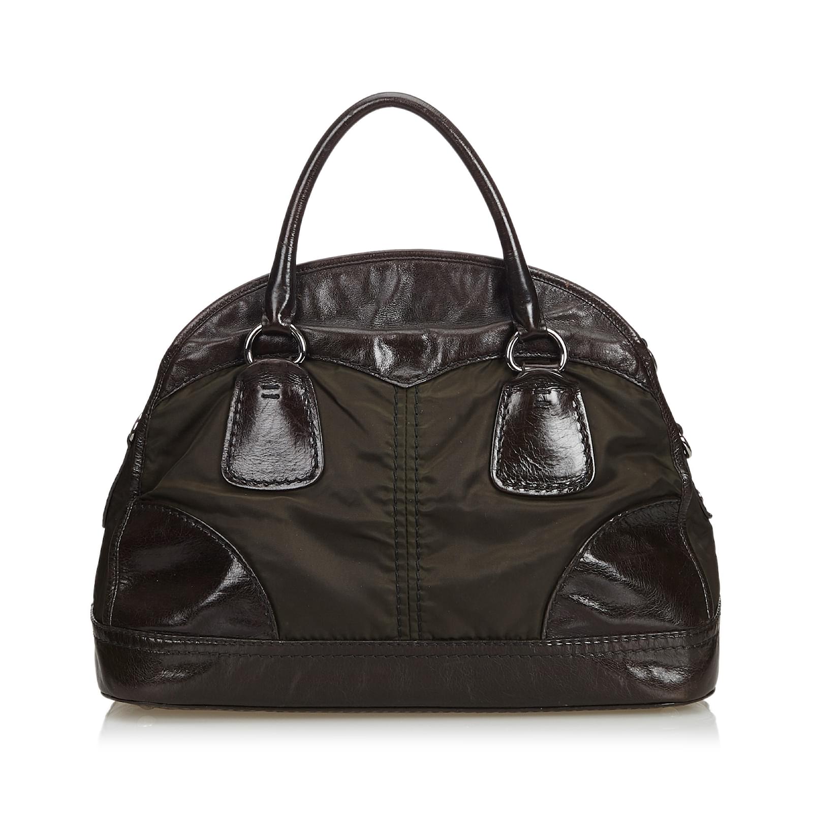 Prada Nylon Bauletto Bower Bag Brown Leather Cloth