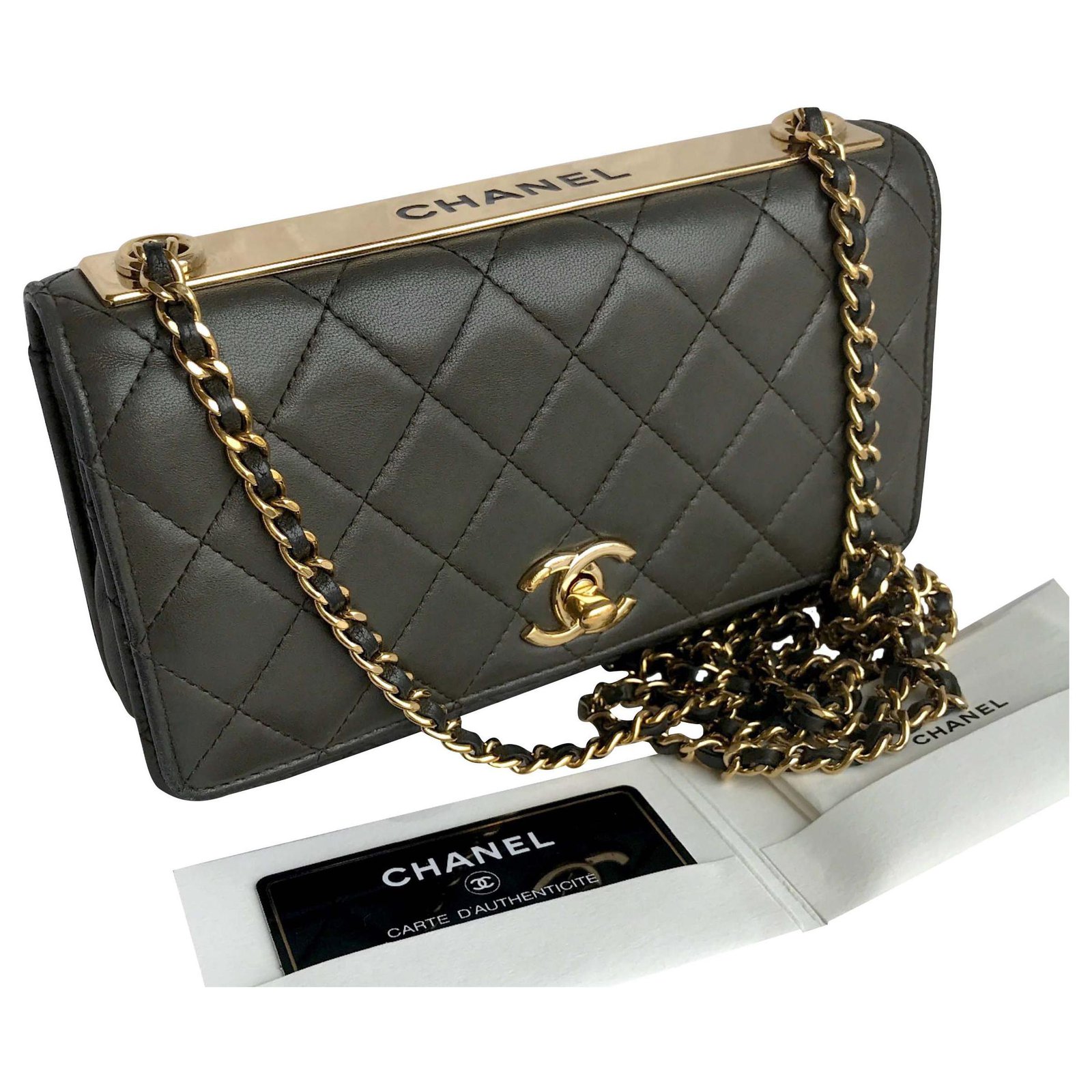 Chanel With box, card Trendy WOC Flap Bag Handbags Leather Green,Khaki