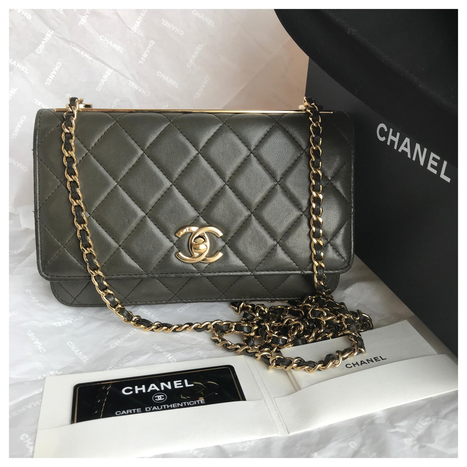 Wallet On Chain Chanel With box, card Trendy WOC Flap Bag Green