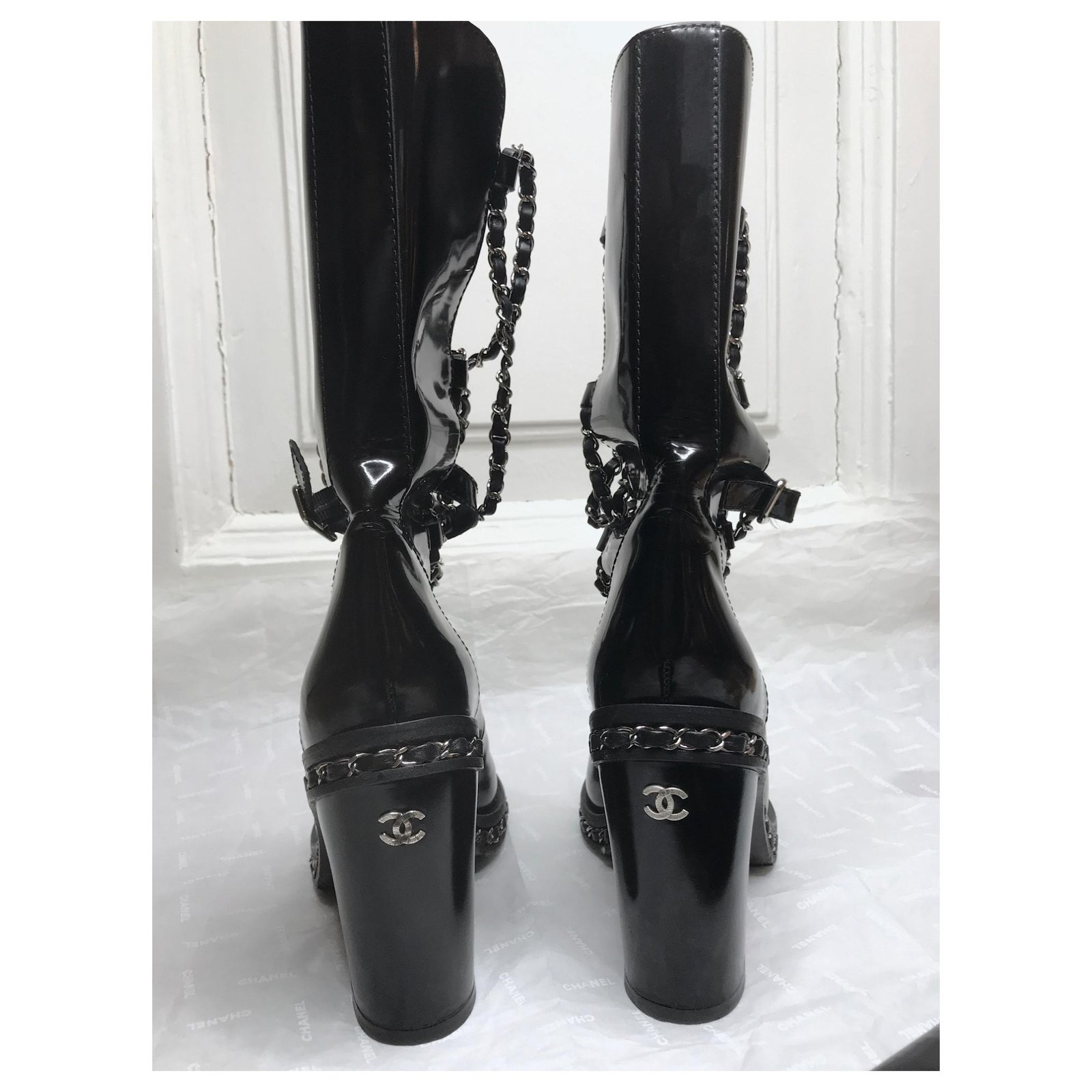 Chanel Chain Boots w/ Gaiter Leggings Black Patent leather ref