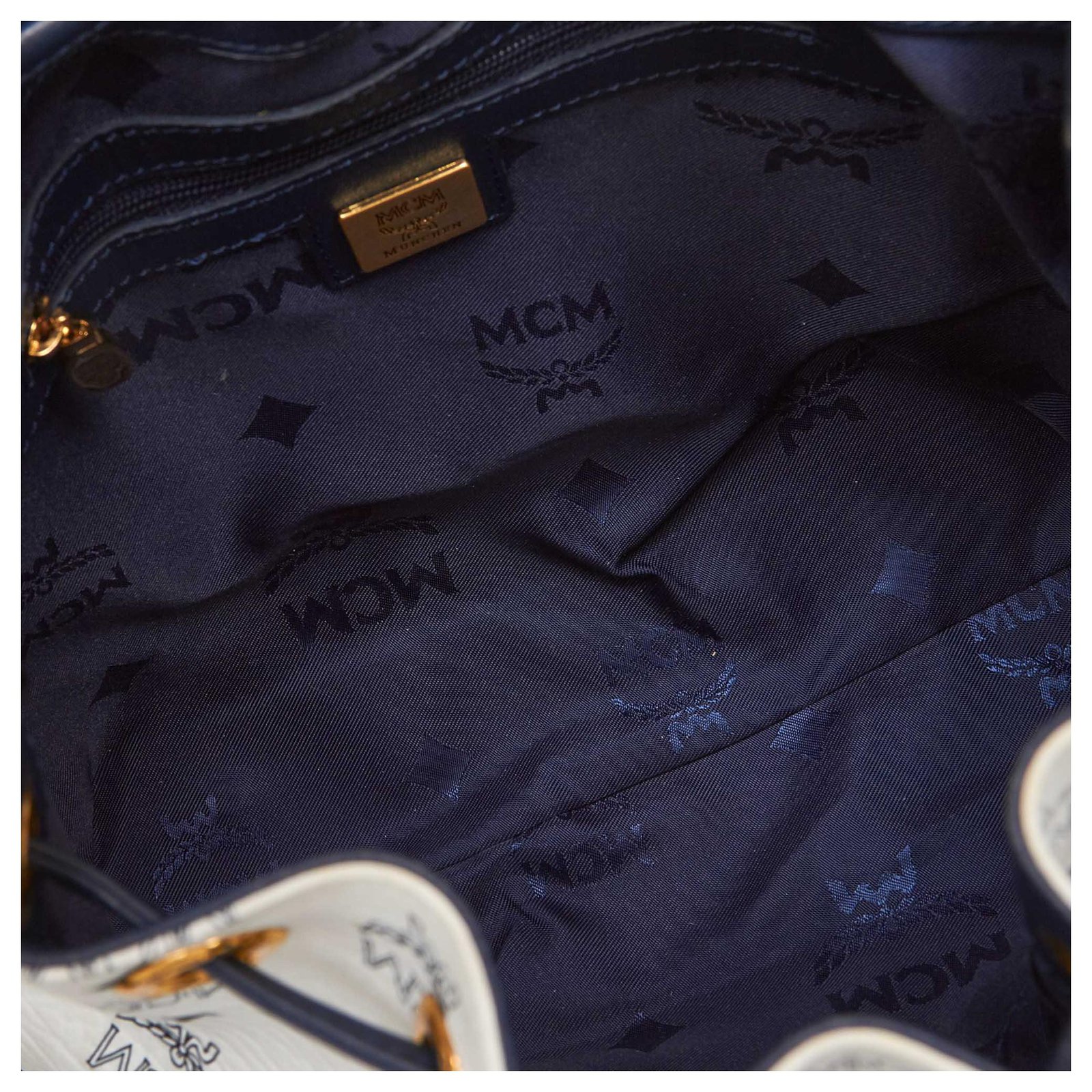 MCM Drawstring Purse Bucket Bag White Navy Logo Print Pebble Leather Size M
