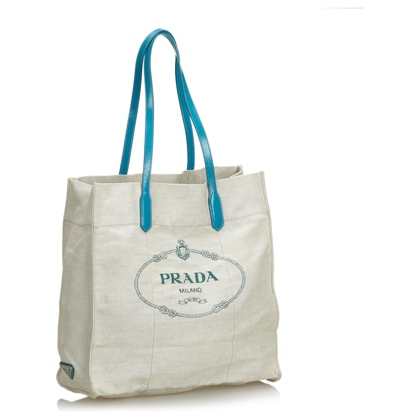 Prada White Canapa Canvas Tote Bag Blue Leather Patent leather Cloth Cloth  ref.123310 - Joli Closet