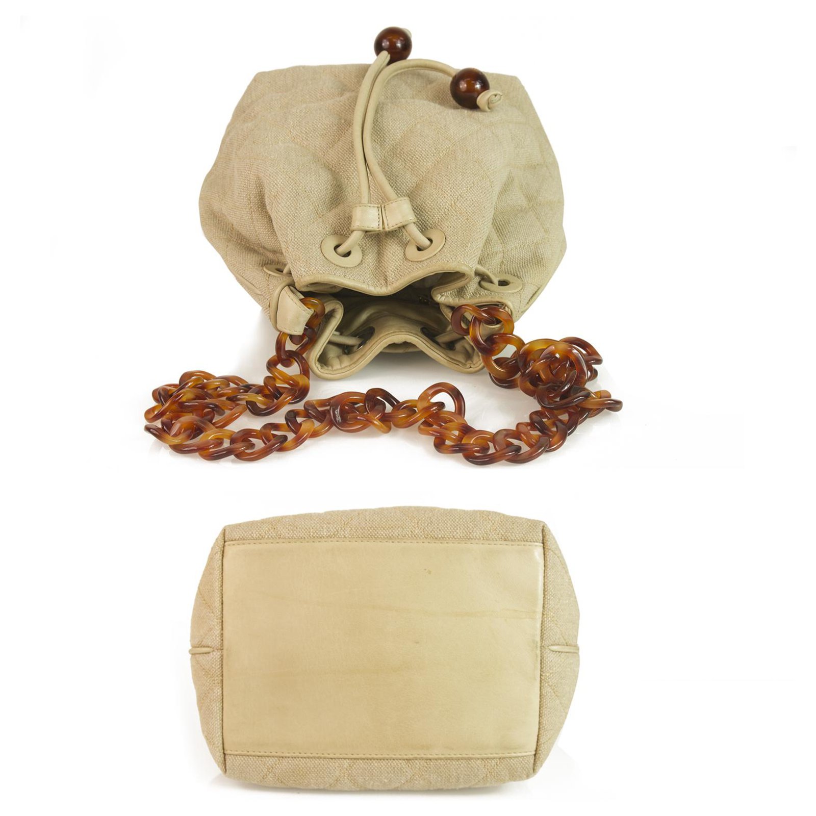 Chanel Vintage Beige Linen & Leather Drawstring Crossbody Bag w. Tortoise  chain ref.123418 - Joli Closet