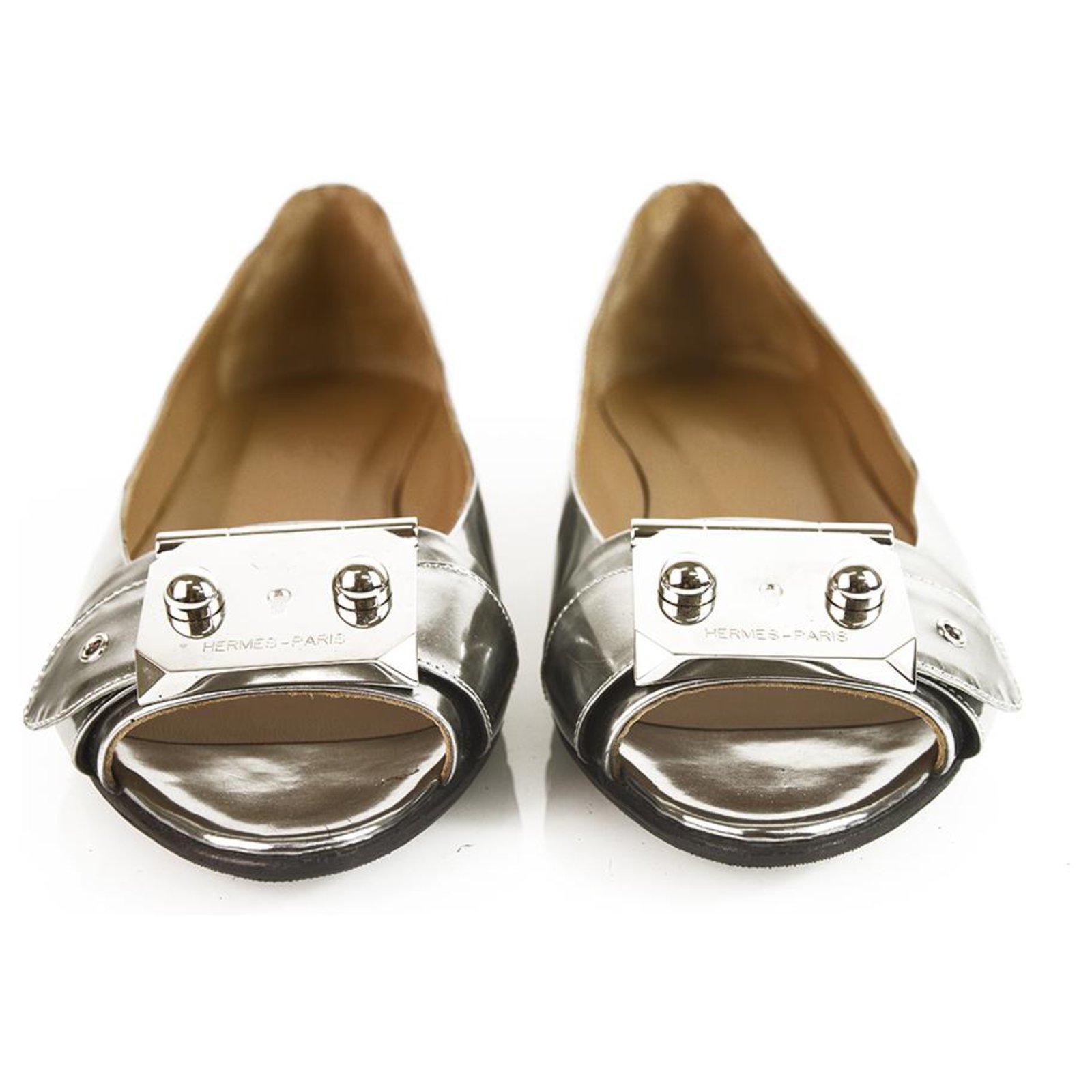 Hermès Silver Leather Hermes Open Flats with palladium plaques Silvery ...