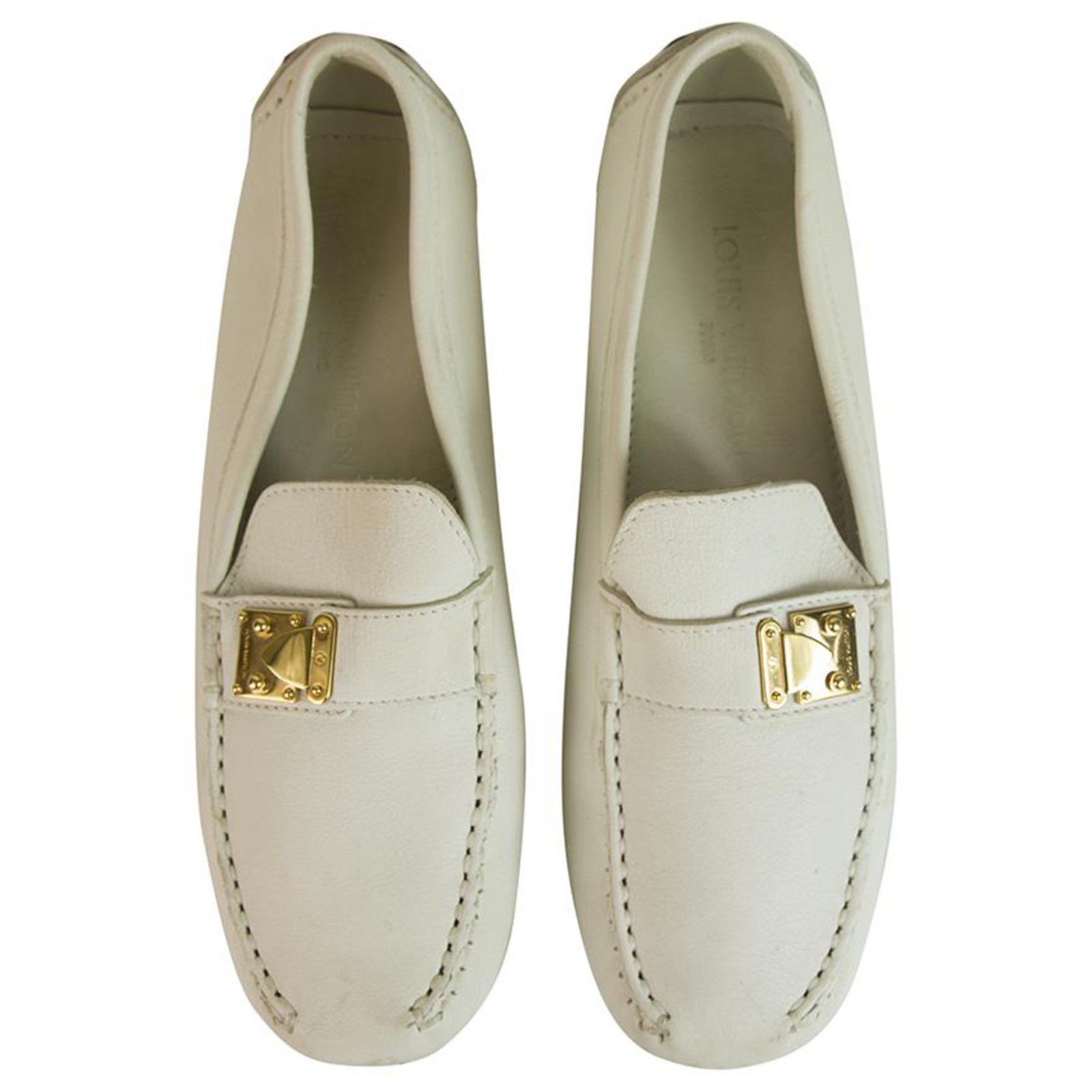 Louis Vuitton white leather loafers flats moccasins shoes gold